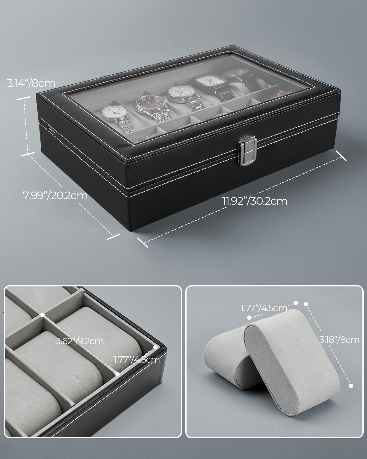Ohuhu 12-Slot PU Leather Watch Box with Real Glass Lid - Soft Velvet Jewelry Organizer & Watch Display Case for Men and Women - Perfect for Watch Collection Storage, Birthday Gifts & Home Décor