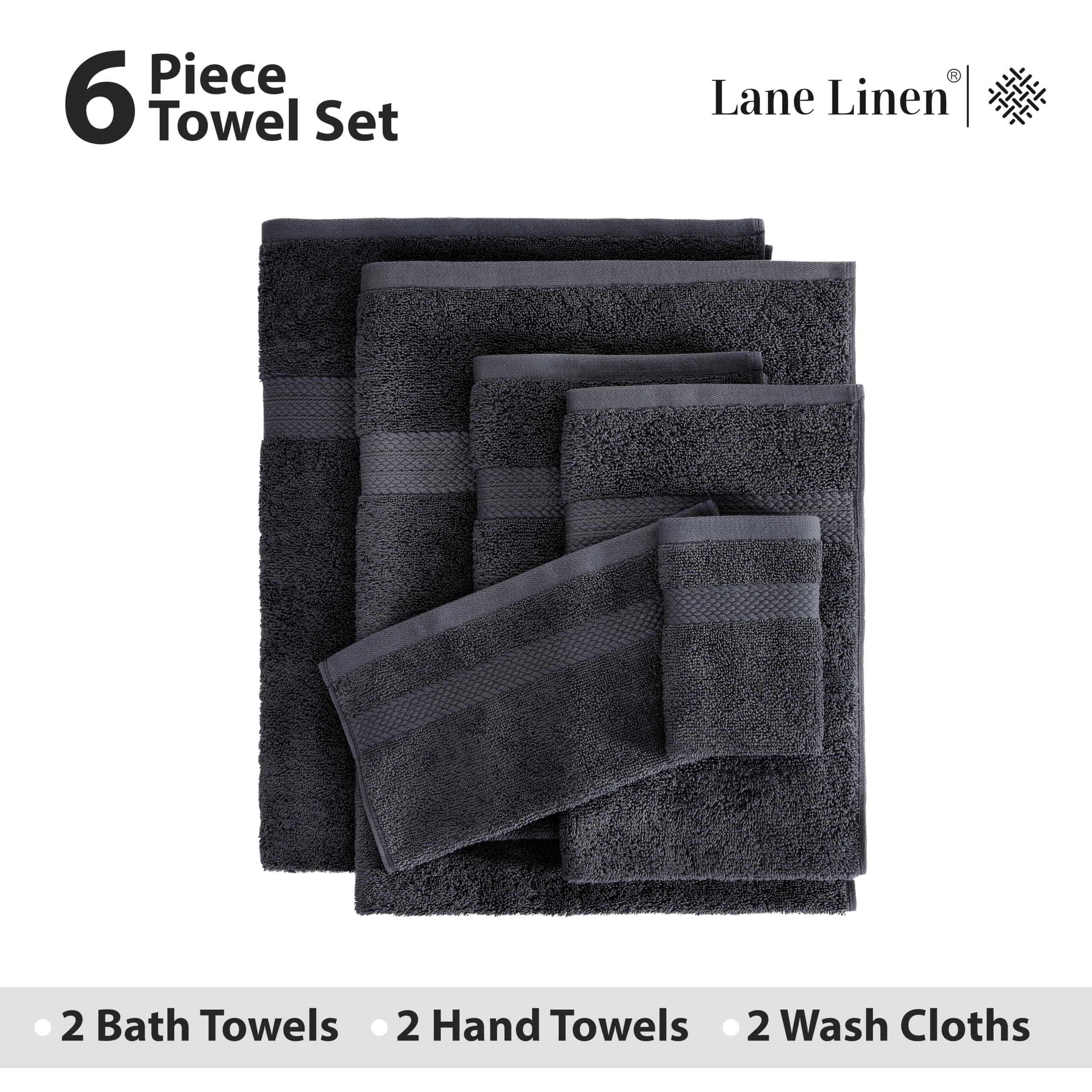 Premium 6-Piece 100% Cotton Bath Towel Set - Ultra Soft & Absorbent Bath, Hand & Face Towels for Spa, Gym & Luxury Bathroom (2 Bath Towels, 2 Hand Towels, 2 Washcloths) - Black