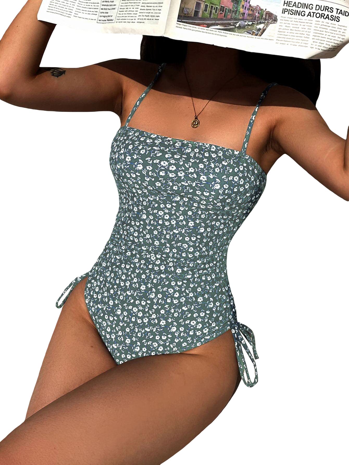 SheIn Women's Floral Print One Piece Swimsuit with Tummy Control - Adjustable Drawstring Bathing Suit for Beach, Pool & Summer Vacation