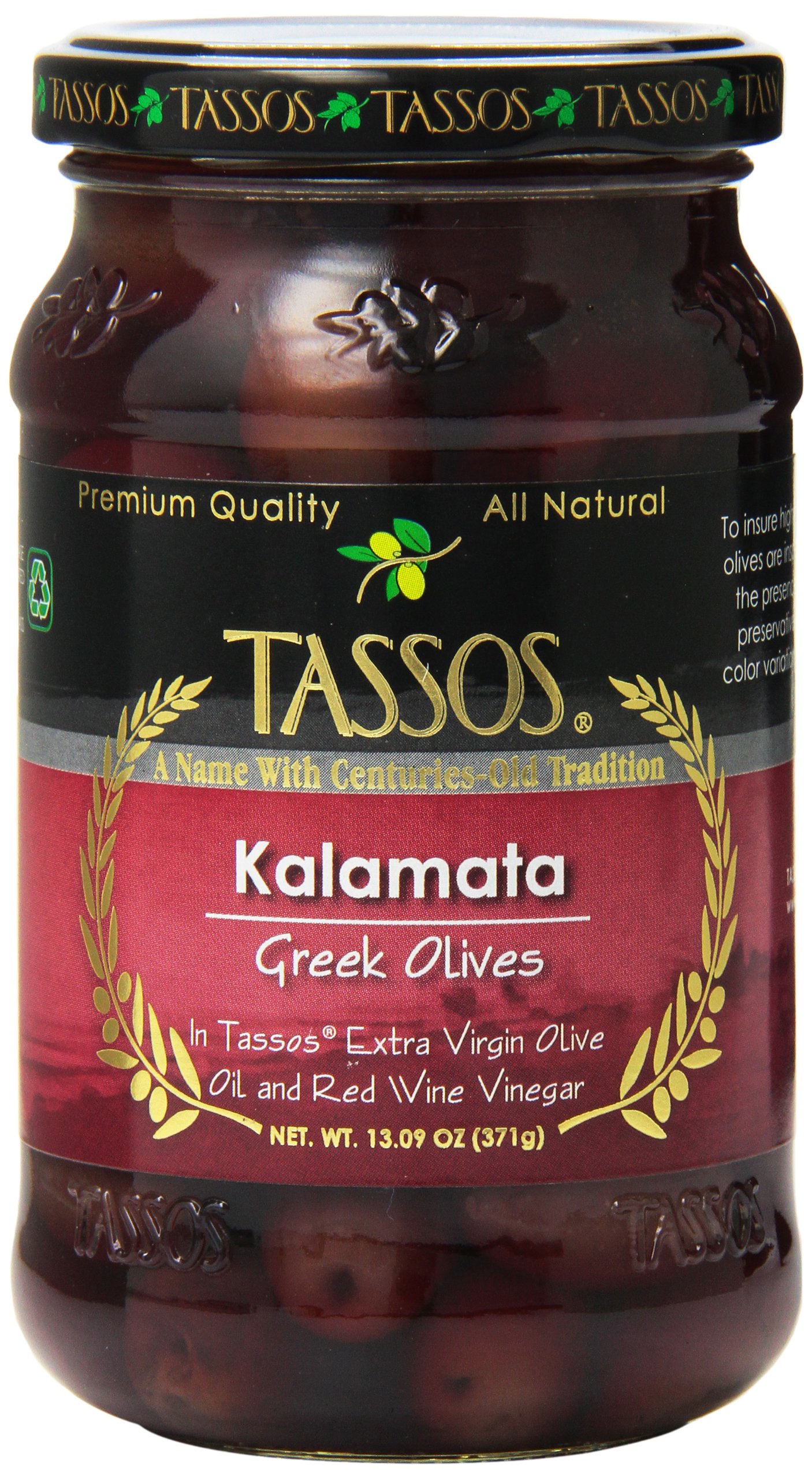 Premium Tassos Kalamata Olives in Red Wine Vinegar - 13 oz Jar | Authentic Greek Olives for Salads, Charcuterie Boards & Mediterranean Recipes