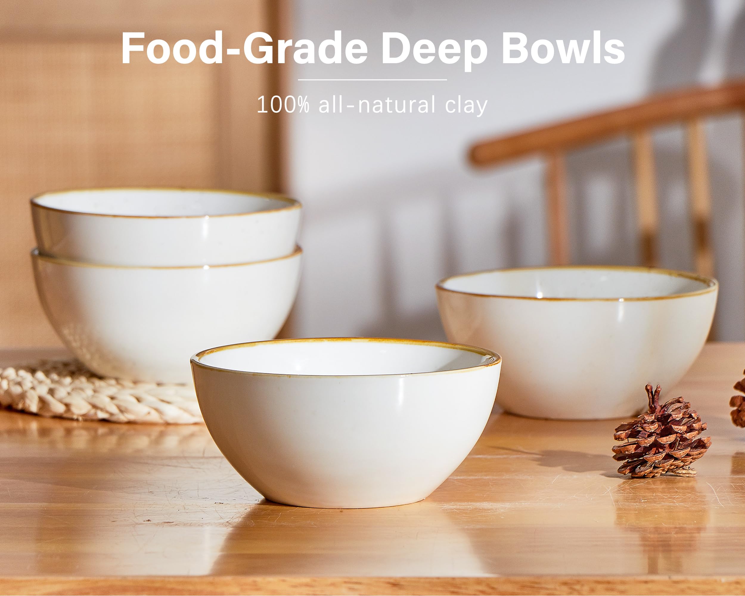 ONEMORE 6-Piece Ceramic Bowl Set - 24 oz Microwave & Oven Safe Soup, Cereal, Salad Bowls with Brown Rim - Dishwasher Safe Scratch-Resistant Cream White Bowls for Home, Restaurant & Daily Use