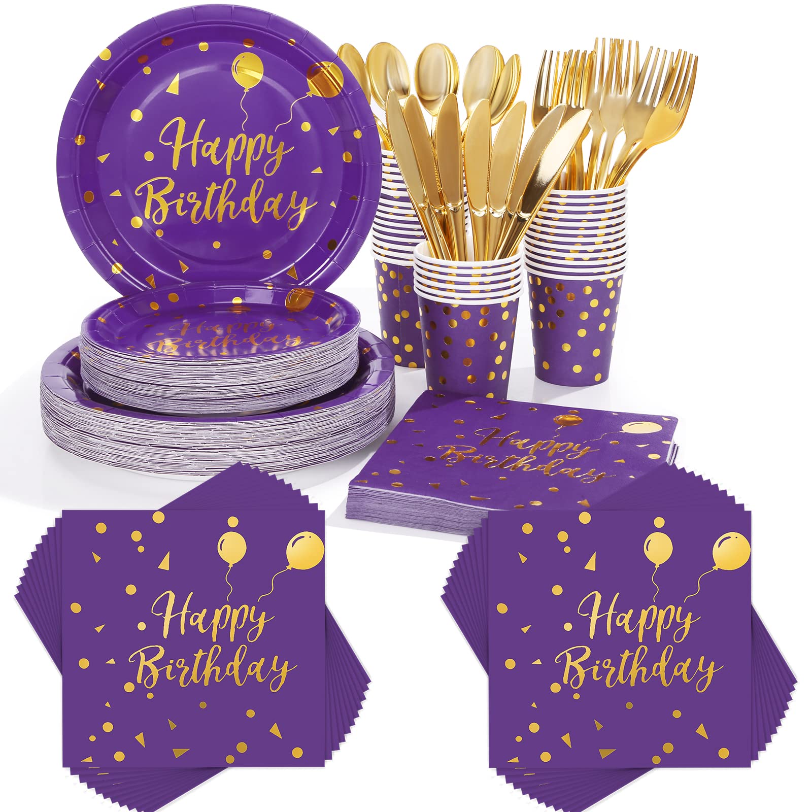 Purple and Gold Happy Birthday Party Supplies - 16pc Disposable Plates, Napkins & Decorations for Birthday Celebrations, Baby Showers & Special Events