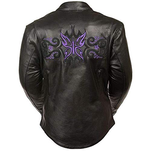 Milwaukee Leather ML2071 Women's Black Leather Jacket with Purple Butterfly Embroidery - Stylish Motorcycle & Casual Wear for Women