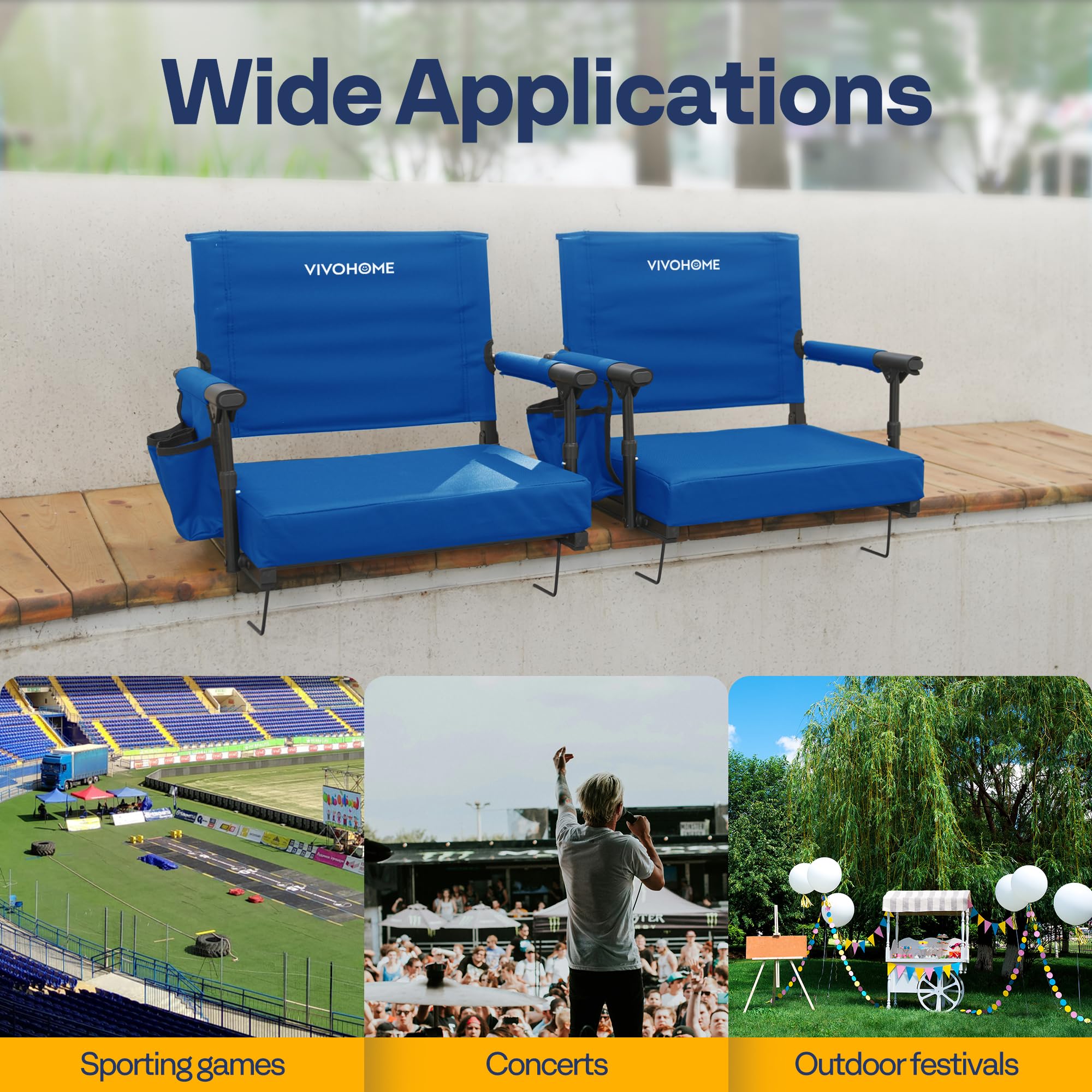 VIVOHOME 2 Pack Portable Stadium Seats with Back Support & Cushion - Bleacher Chairs with Cup Holder & Shoulder Strap for Outdoor Sports, Concerts & Picnics