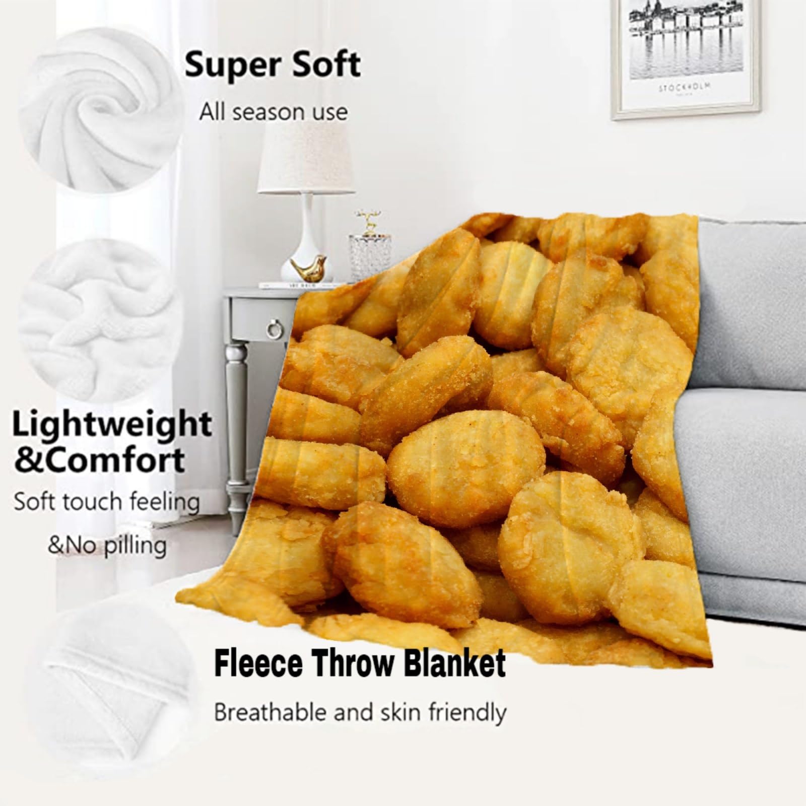 Funny Chicken Nuggets Plush Fleece Throw Blanket - Soft, Warm & Cozy XL 120x90 Inch - Perfect for Girls, Boys & Family - Great for Bed, Sofa, Couch & Chair - Ideal Gift for Food Lovers & Blanket Enthusiasts