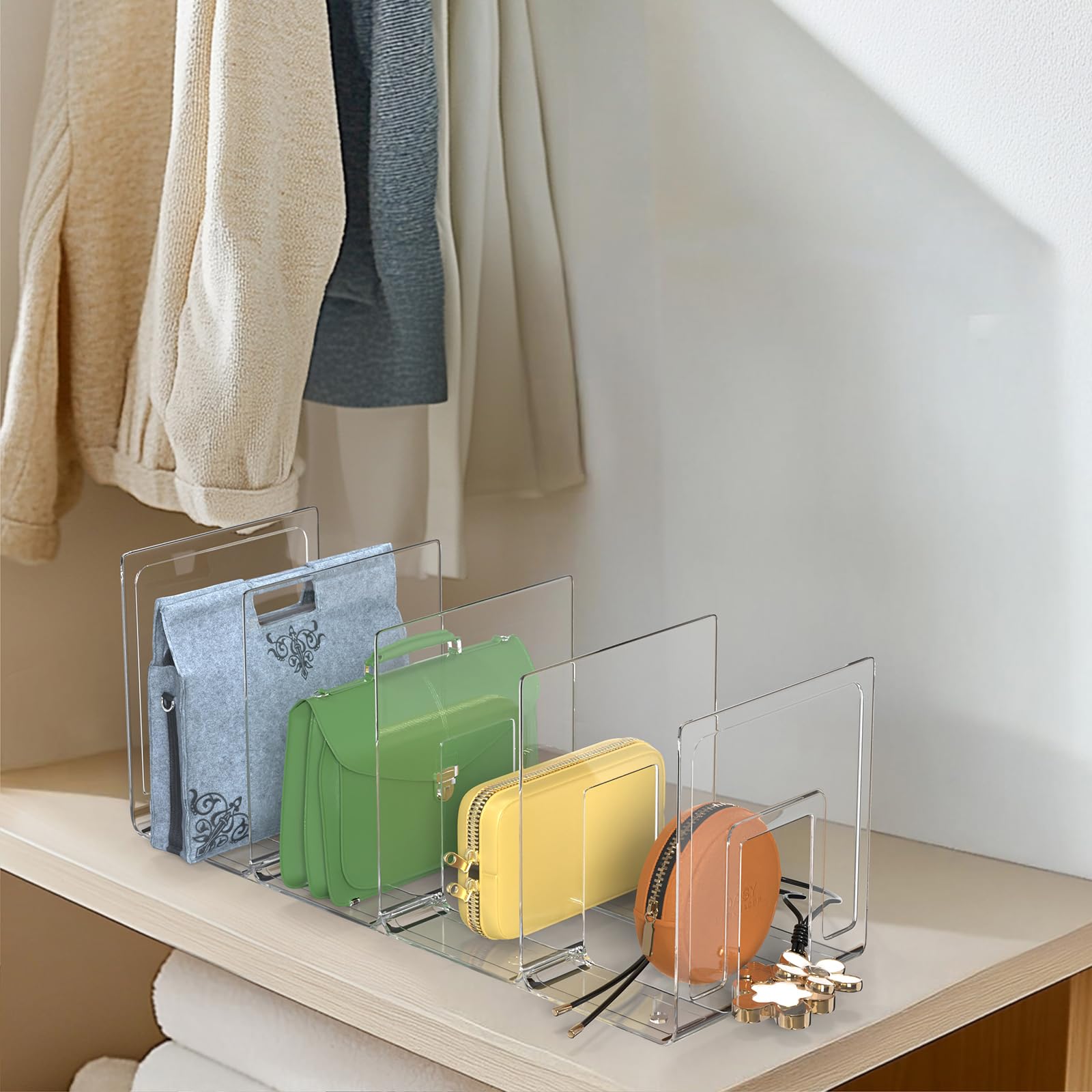 2PCS Clear Adjustable Purse Organizers - Plastic Handbag Storage Shelf & Clutch Dividers for Closet, Cabinet & Bedroom Organization | Keep Purses Upright & Save Space | Perfect for Handbag Display, Travel Storage & Wardrobe Organization