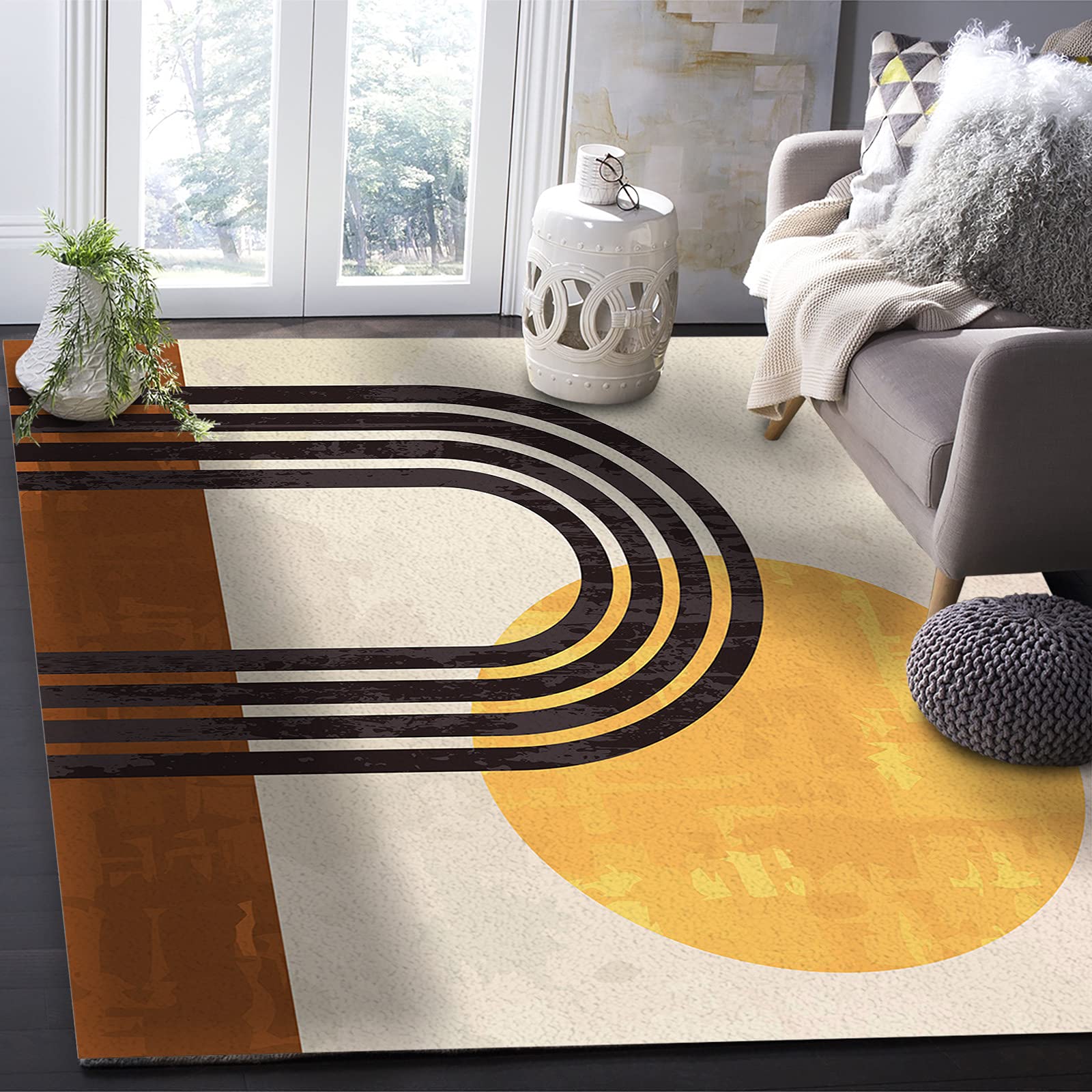 4'x7' Abstract Minimalist Rainbow Sun Line Art Area Runner Rug - Washable Non-Slip Carpet for Living Room, Bedroom, Kitchen, Bathroom, Laundry Room & Classroom - Retro Brown Yellow Mid-Century Modern Design Home Decor