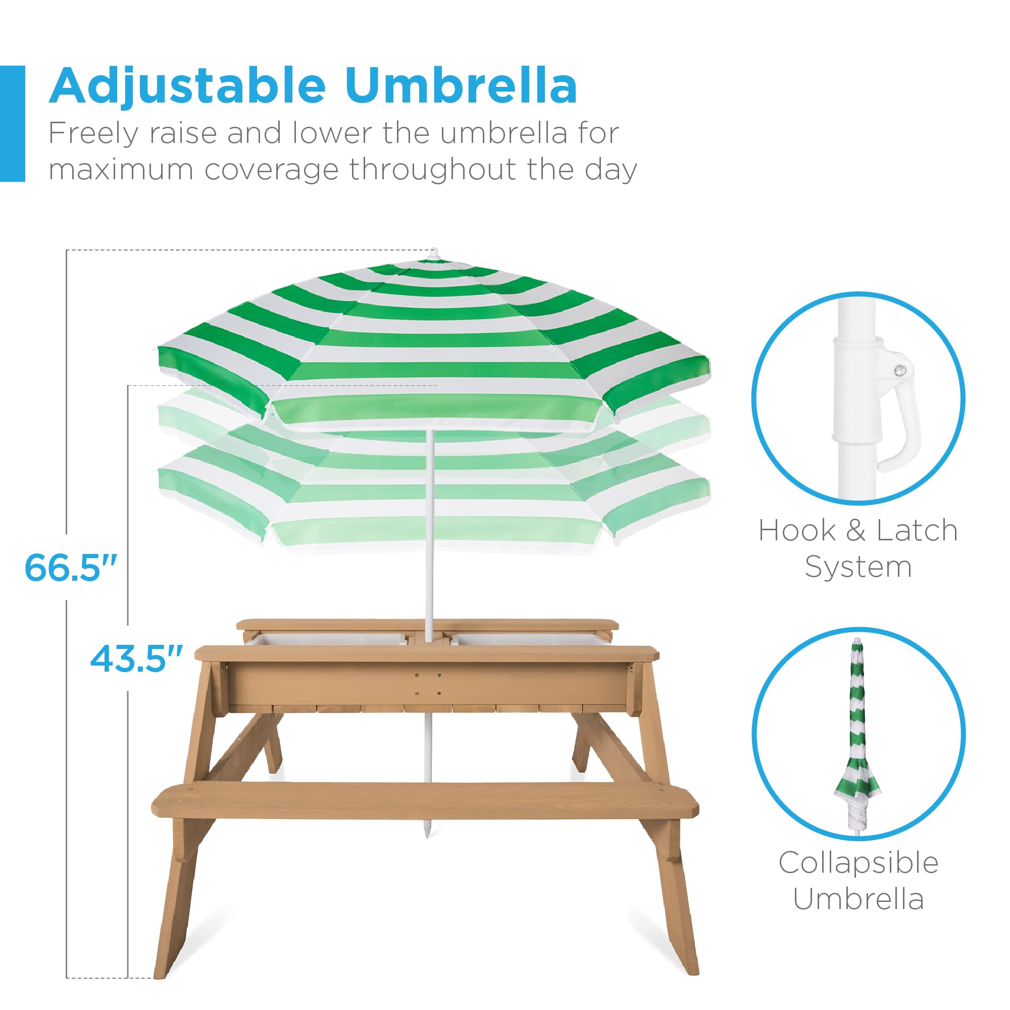 Best Choice Products Kids 3-in-1 Sand & Water Table - Outdoor Wooden Convertible Picnic Table with Umbrella, 2 Trays & Removable Top - 220lb Capacity Bench - Green | Perfect for Backyard Play, Beach Fun & Outdoor Dining