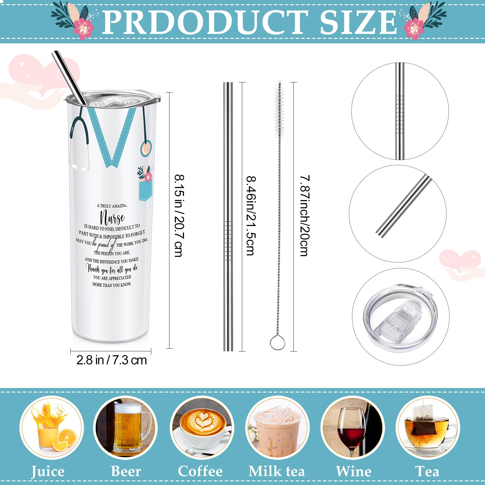 Sabary 24-Piece Nurse Appreciation Gift Set - 20oz Stainless Steel Tumblers with Straws, Stethoscope & Sign - Perfect for CNA Gifts, Nurses Week, Nursing Students & Medical Professionals - Great for Hospitals, Clinics & Christmas Celebrations (Multicolor)