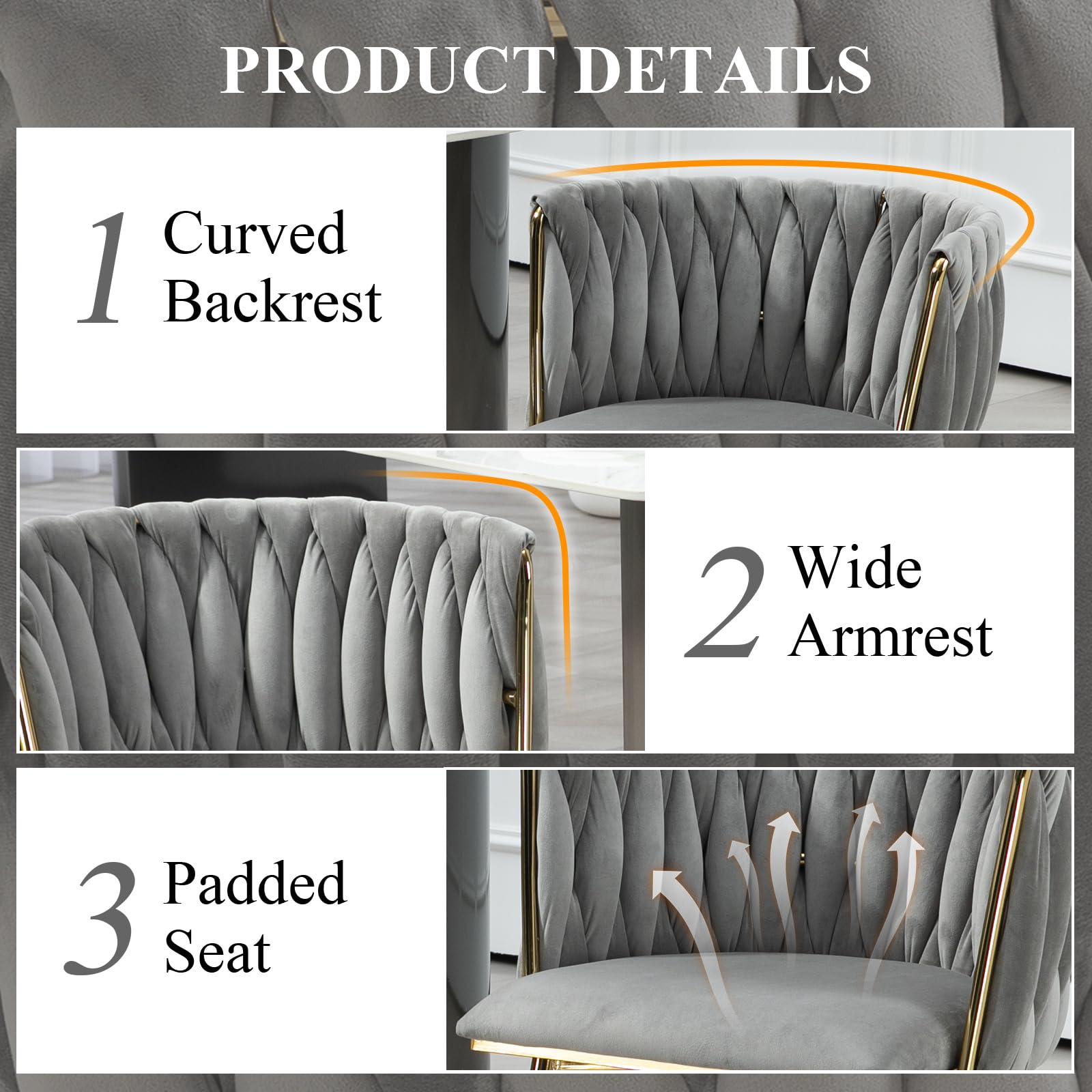Modern Velvet Dining Chairs Set of 2 - Hand Woven Upholstered Accent Chairs with Golden Metal Legs for Living Room, Kitchen, Dining Room & Vanity - Grey Velvet Side Chairs for Home Decor & Entertaining