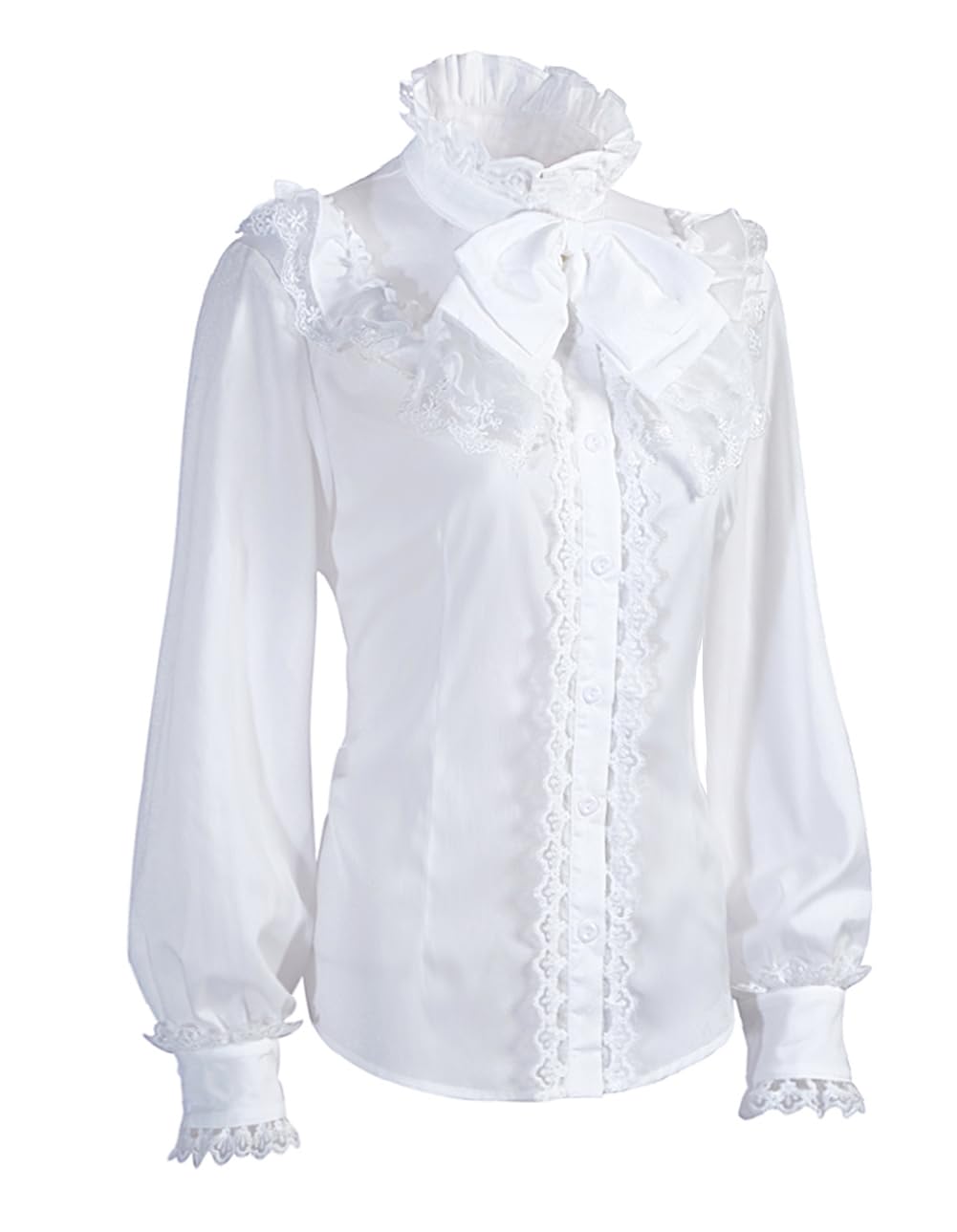 Victorian Blouse for Women - Long Sleeve Stand Collar Gothic Top with Lotus Ruffles | Medieval Style Shirt for Renaissance Fairs, LARP & Steampunk Outfits