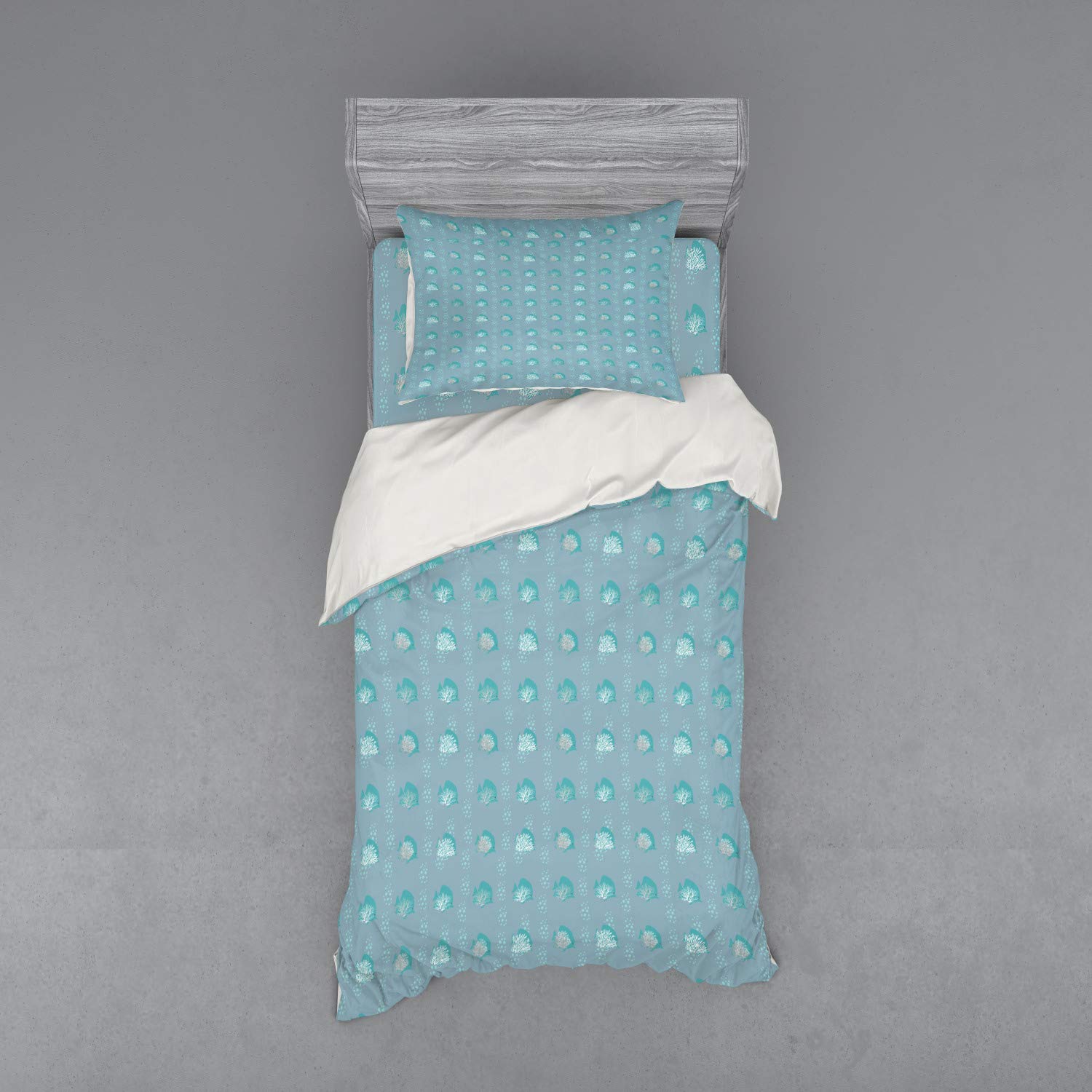 Ambesonne Fish Coral Underwater Duvet Cover Set - 3 Piece Twin Size with Sham & Fitted Sheet - Slate Blue Seafoam - Ocean Themed Bedding for Kids & Adults - Perfect for Beach House Decor & Underwater Bedroom Theme