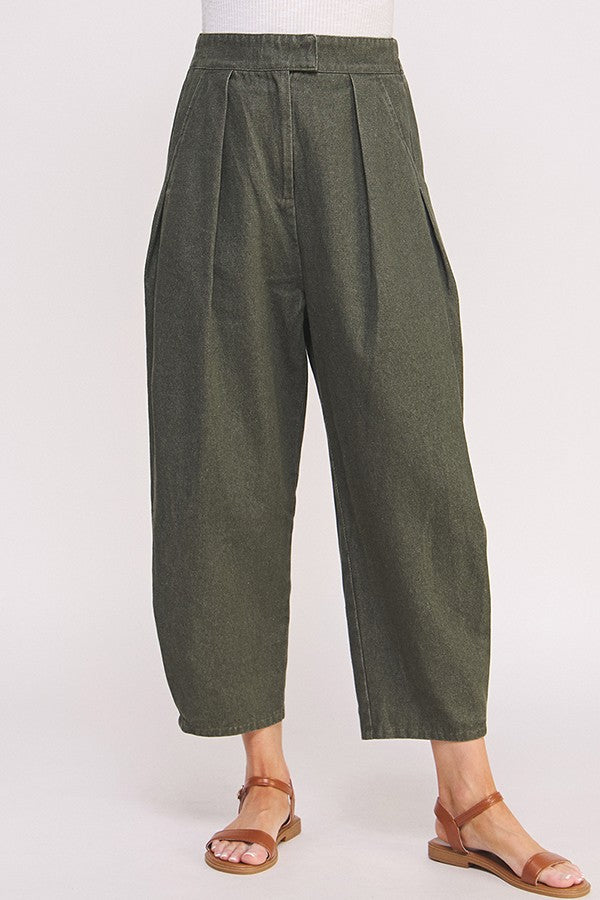 Olive Wash Barrel Leg Trousers for Women - High Waisted Wide Leg Pants | Comfortable Stretch Fabric | Perfect for Casual Wear, Office & Travel