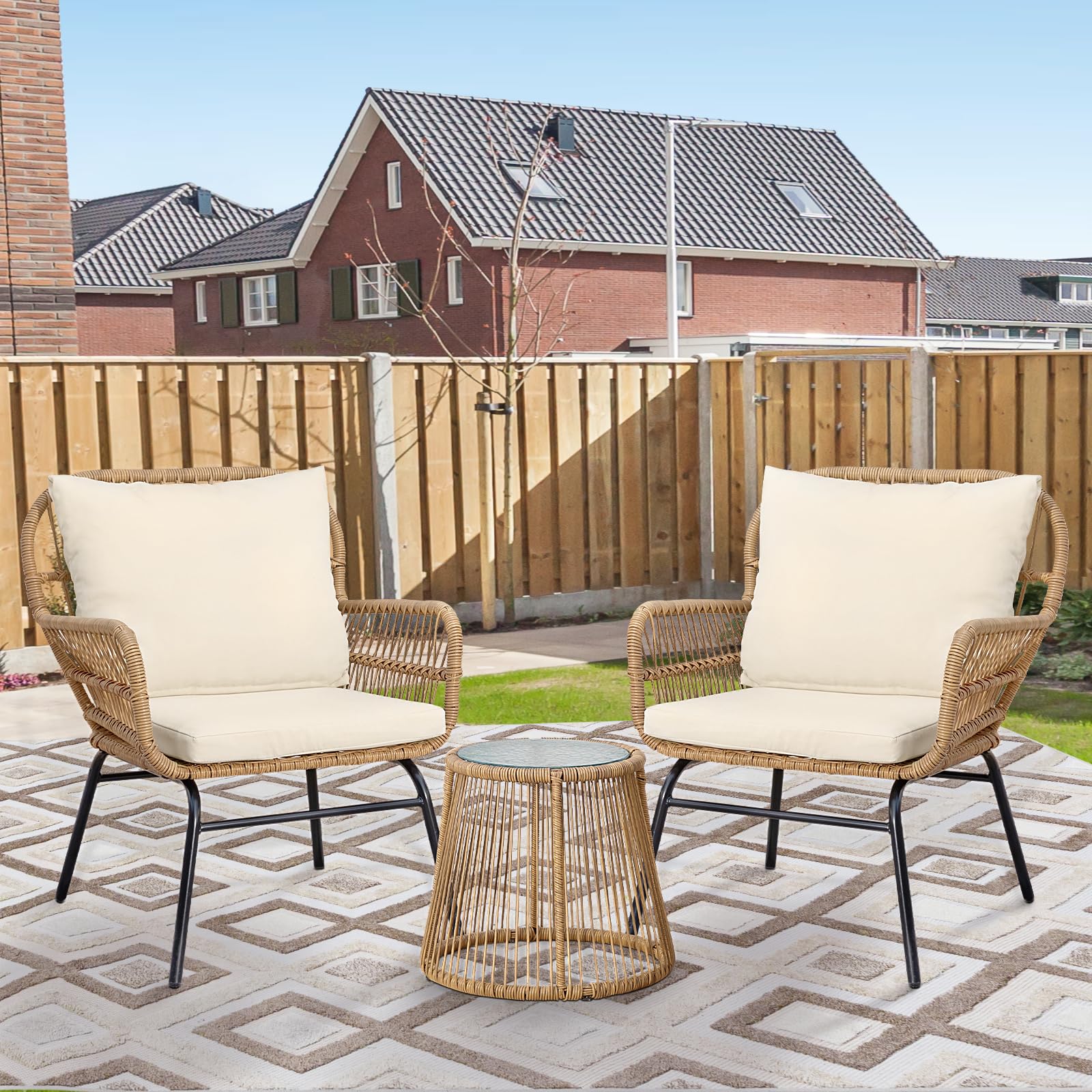 BULEXYARD 3-Piece Boho Outdoor Patio Furniture Set with Round Coffee Table - Natural Wicker Conversation Chairs with Beige Cushions for Backyard, Porch, Balcony & Deck | Perfect for Relaxing, Entertaining & Outdoor Gatherings