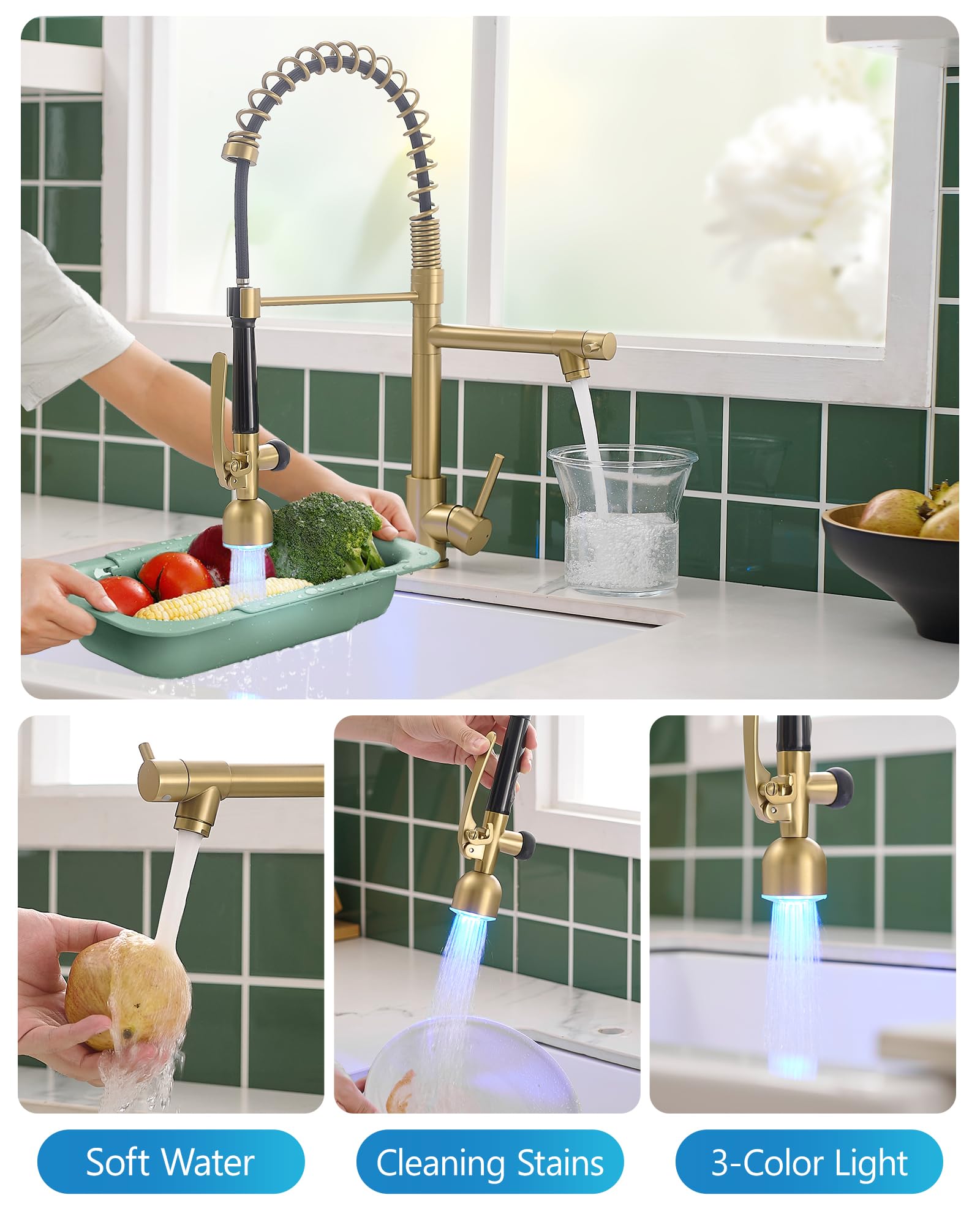Fapully Single Handle High Arc Brushed Gold Pull Down Kitchen Faucet with LED, Modern Kitchen Sink Faucet with Pull Down Sprayer for Home and Commercial Use