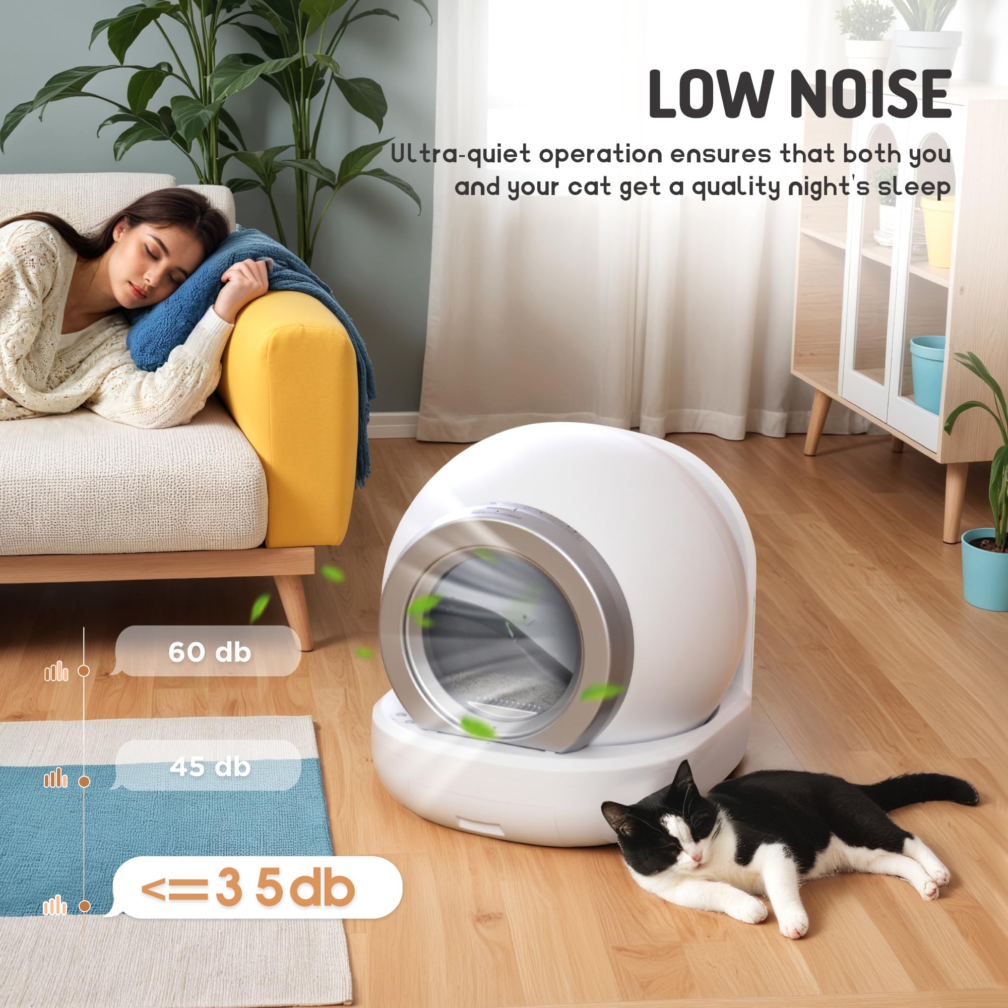 Self Cleaning Cat Litter Box - Automatic Wi-Fi Enabled Smart Litter Box for Multiple Cats with APP Control, Low Noise & Safety Features, Includes Mat & 2 Roll Garbage Bags (White) - Perfect for Busy Pet Owners & Smart Home Integration