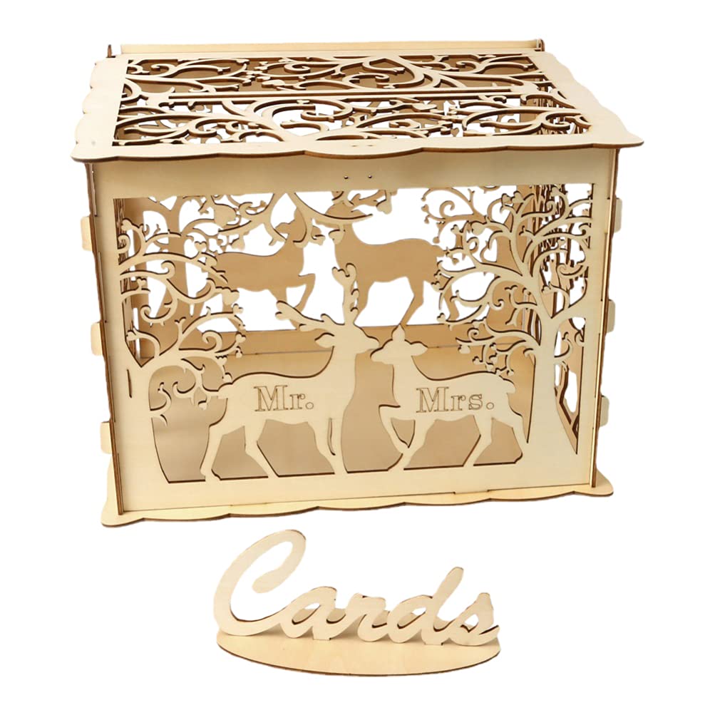 Scicalife DIY Wooden Wedding Card Box - Mr & Mrs Couple Deer Design Hollow Envelope Greeting Card Holder with Security Lock - Perfect for Wedding Reception, Birthday, Graduation Party Gifts & Money Storage