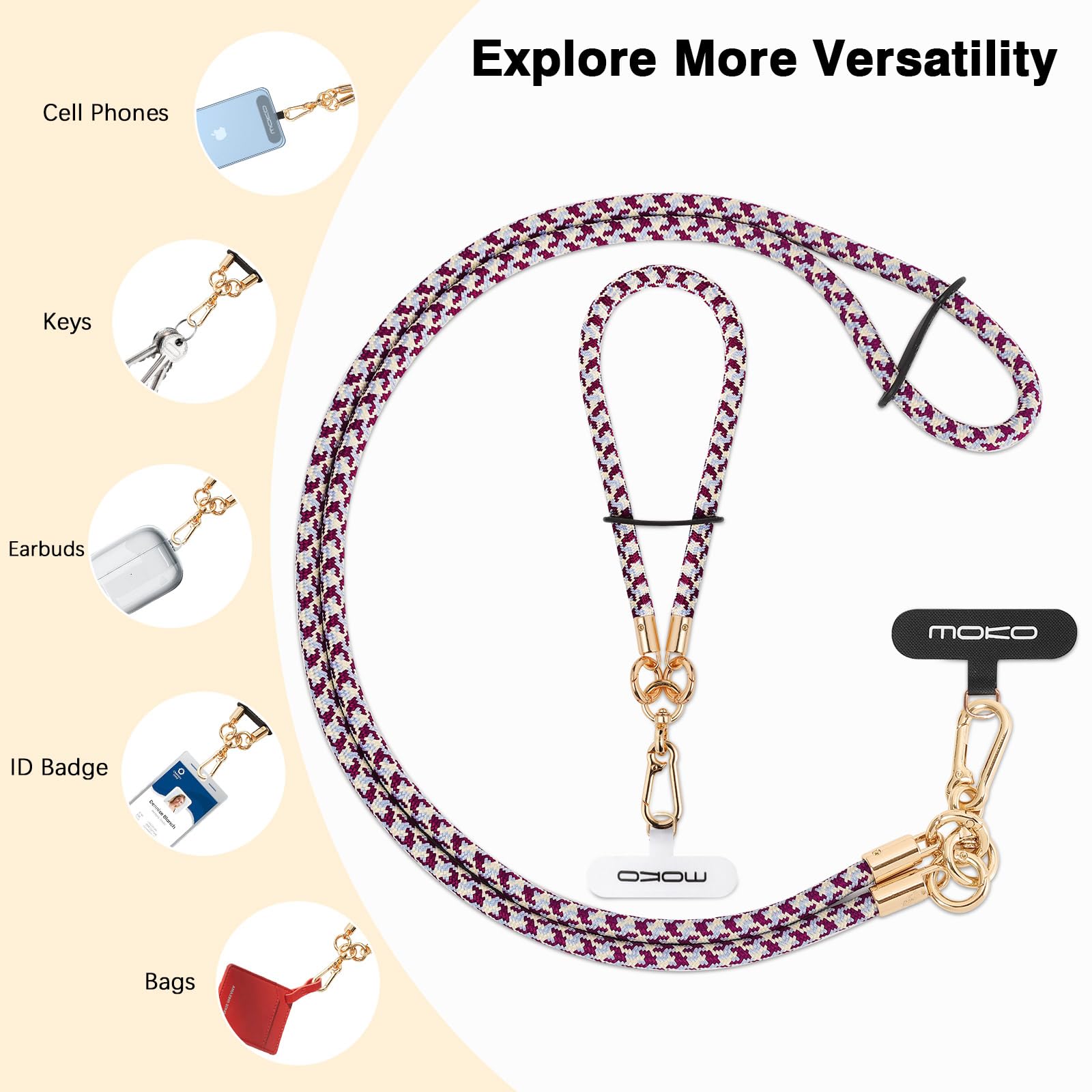 MoKo Adjustable Crossbody Phone Lanyard - 8mm Thick Premium Rope Neck & Wrist Strap for iPhone, Samsung & More | Includes Phone Neck Strap, Wrist Strap & Lanyard Patch | Perfect for Travel, Work & Outdoor Activities