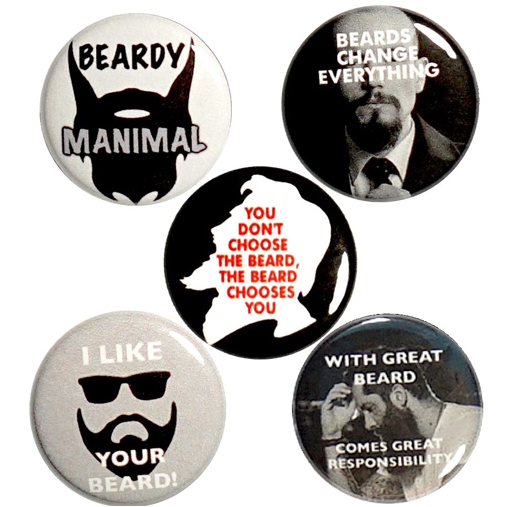 Funny Beard Buttons Pins - 5 Pack 1 Inch Lapel Pins for Backpacks, Jackets & Hats - I Like Your Beard Beards Change Everything Gift Set - Perfect for Gifts, Parties & Beard Lovers