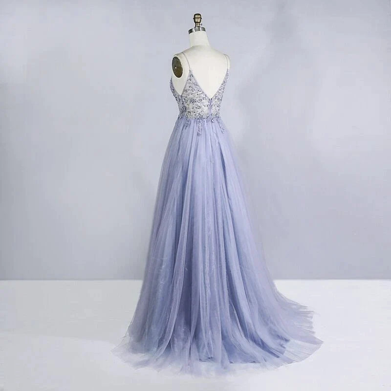 Sparkling Beaded Crystal Prom Dresses for Women - Elegant Long See-Through A-Line Gown with V-Neck & Spaghetti Straps | Perfect for Formal Evening, Homecoming, Wedding & Special Occasions