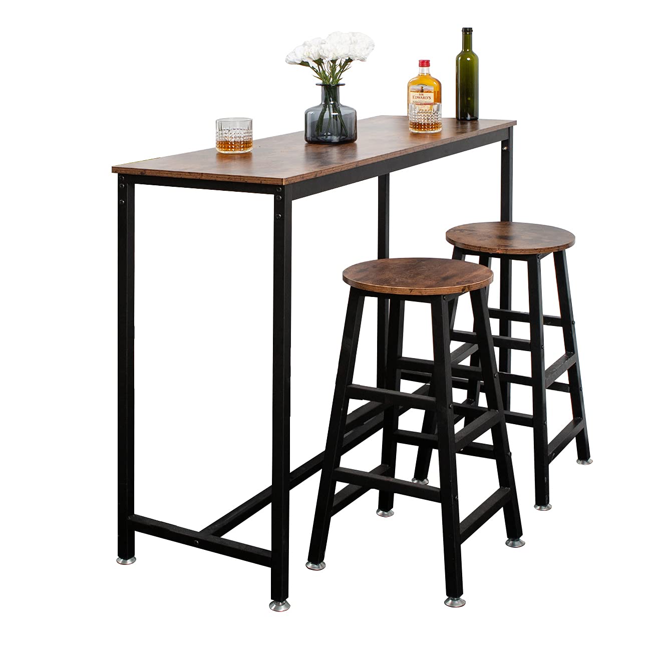 Soges Rustic Brown Bar Table Set with 2 Stools - 36