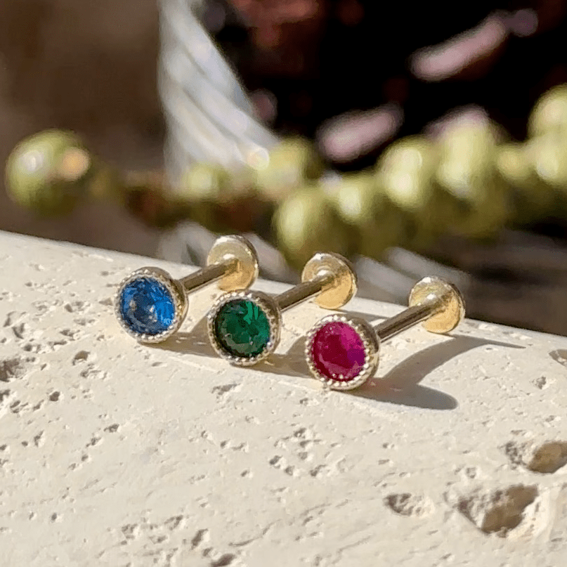 14k Solid Yellow Gold Ruby Flat Back Stud Earrings with Milgrain Detail - Perfect for Everyday Wear & Special Occasions