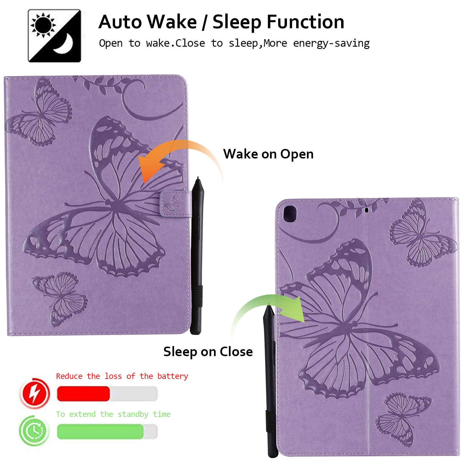 Techcircle Magnetic Leather Folio Case for iPad 10.2 (9th/8th/7th Gen) & iPad Air 10.5 - Purple Butterfly Embossed Wallet Stand Cover with Auto Sleep/Wake | Perfect for Work, Travel & Home Use