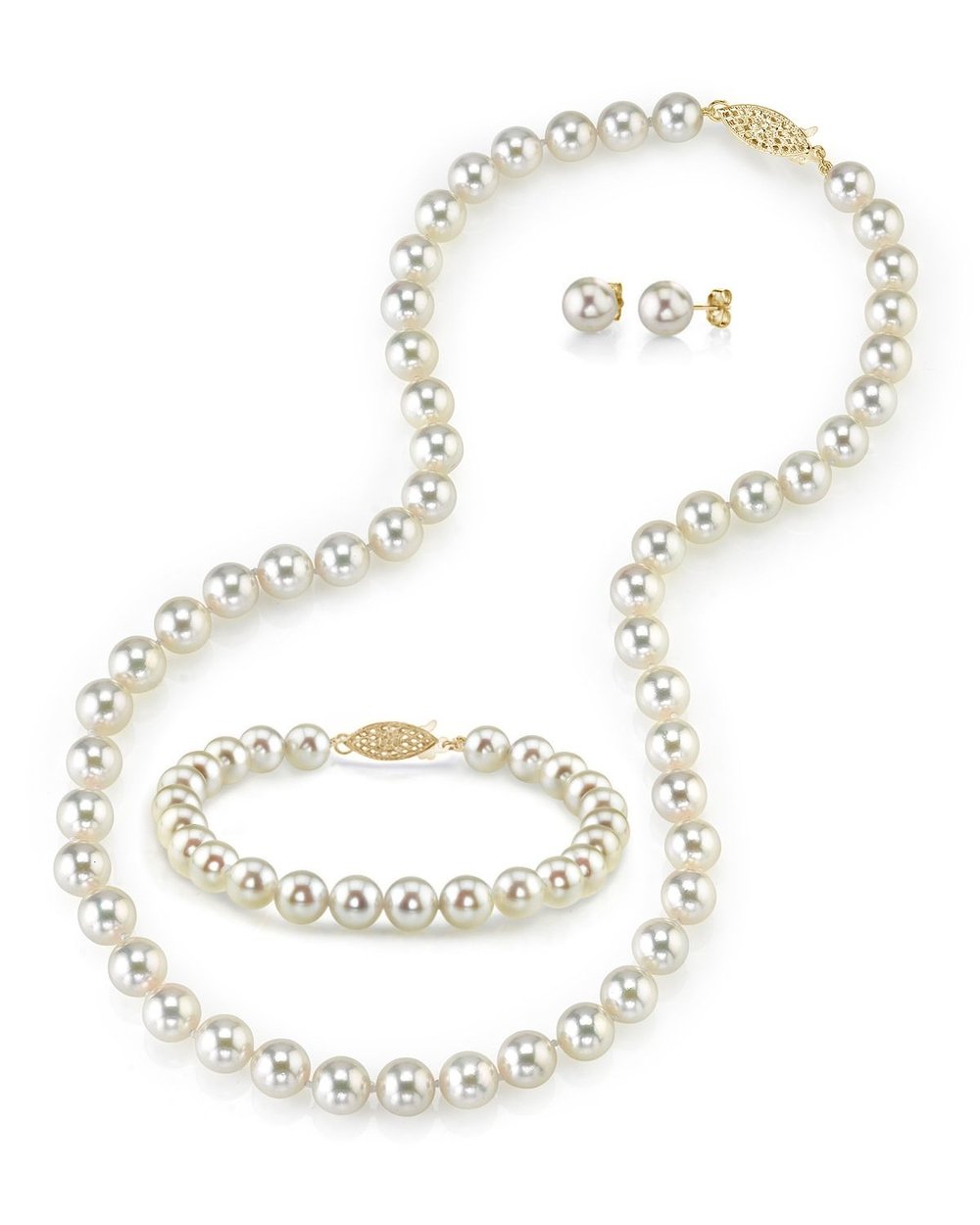 14K Gold Akoya Pearl Jewelry Set - Necklace, Bracelet & Earrings for Women | Wedding & Party Wear