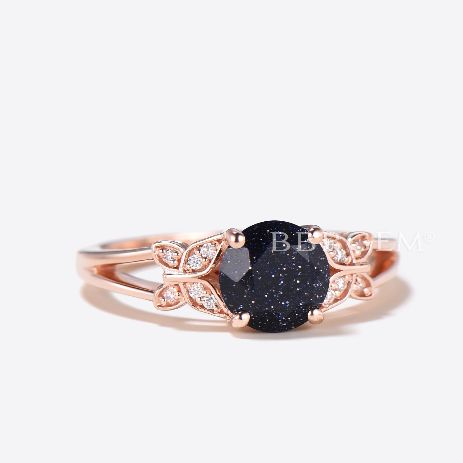1ct Round Galaxy Blue Sandstone Diamond Split Shank Ring - Butterfly Wedding Band for Women, Bridal Jewelry, Anniversary Gift, Engagement Ring, Promise Ring, Valentine's Day Present