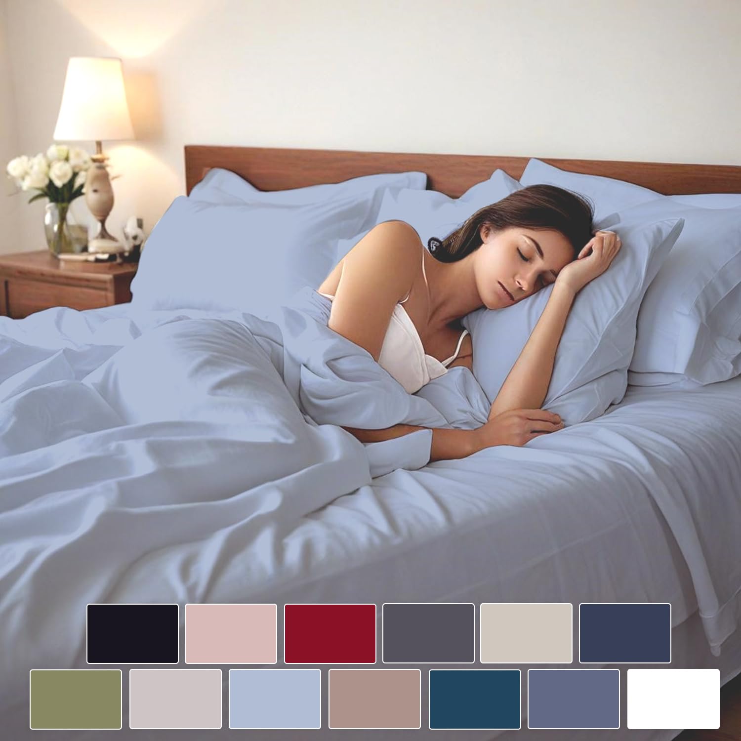 Premium 100% Egyptian Cotton King Sheet Set - 4 Piece Sky Blue Cooling Bed Sheets with 17