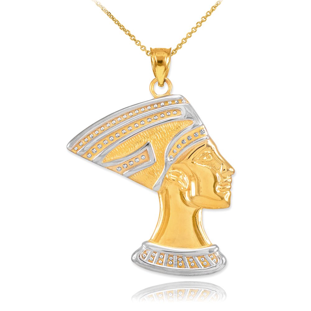 10K Two-Tone Gold Egyptian Queen Nefertiti Charm Pendant Necklace - High Polish Sideways Cross Design, 20