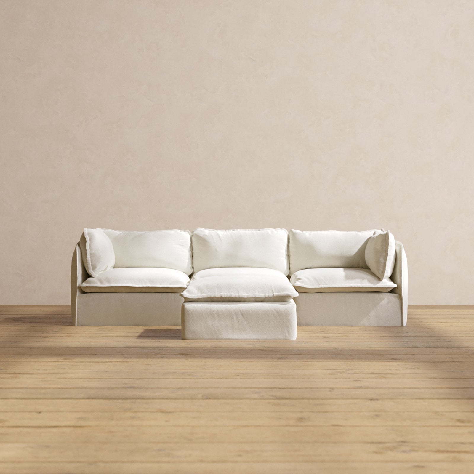 Modular Performance 3-Seater Sofa with Ottoman in Eggshell White | Comfortable Blend Fabric for Living Room, Lounge & Home Theater Seating