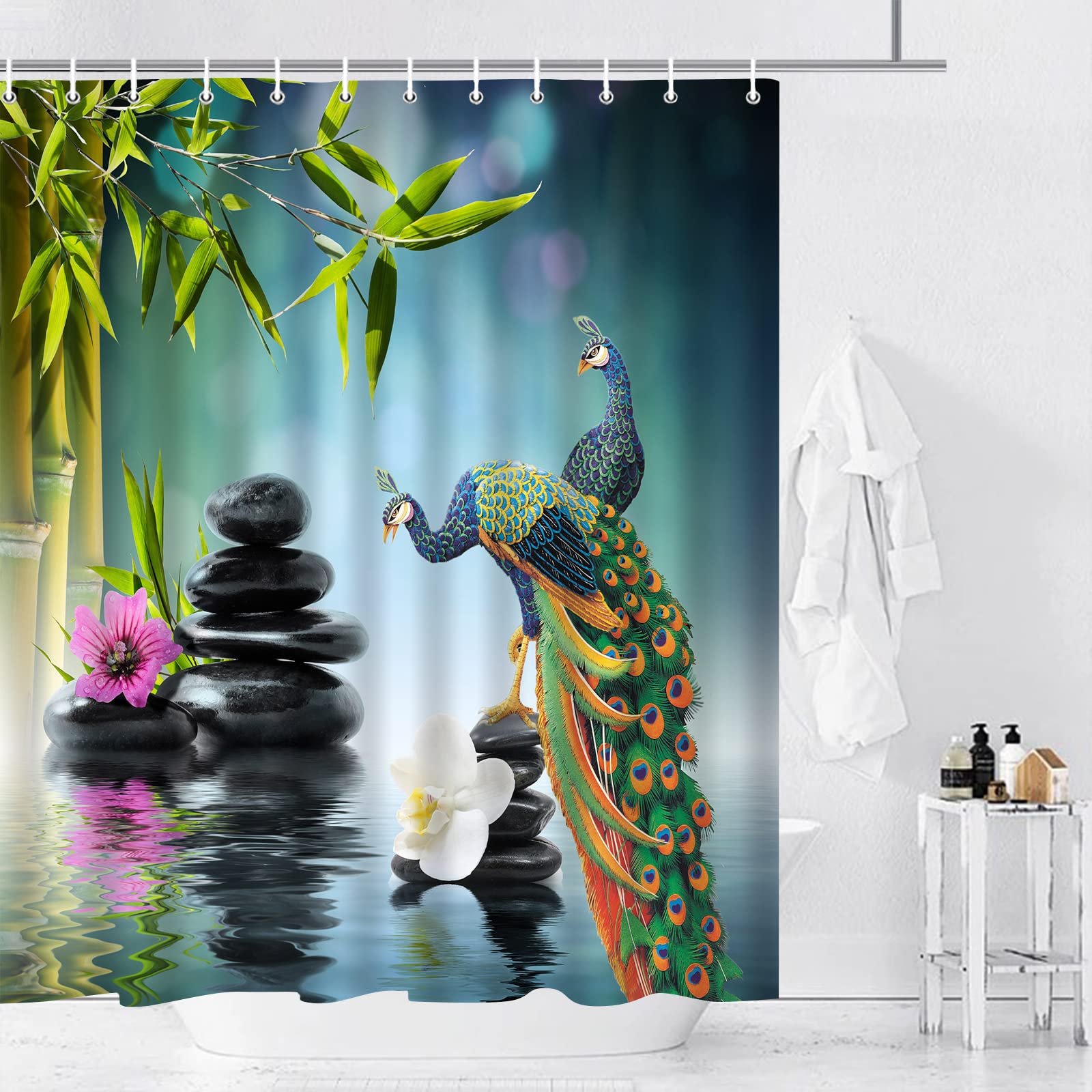 Zen Garden Shower Curtain - Peacock Green Bamboo Leaf with Purple & White Flowers - Black Stone Water Landscape Spa Theme - 60 x 70 Inch Bathroom Decor Set with Hooks | Perfect for Relaxing Spa Bathrooms, Meditation Spaces & Asian-Inspired Home Decor