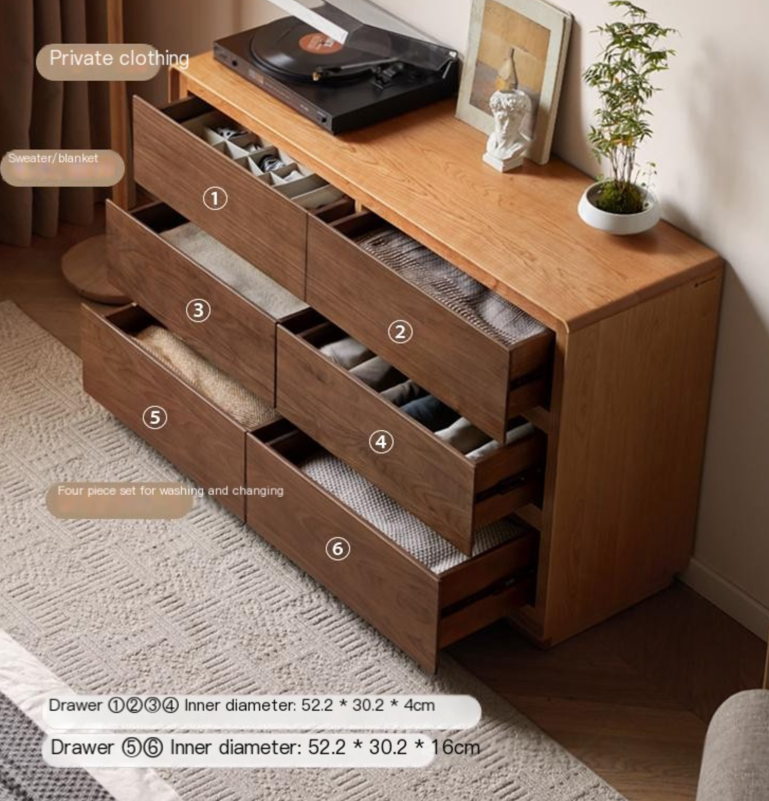 Premium Black Walnut & Cherry Solid Wood Modern Dresser Drawer Cabinet - Stylish Bedroom Storage for Clothes, Linens & Accessories