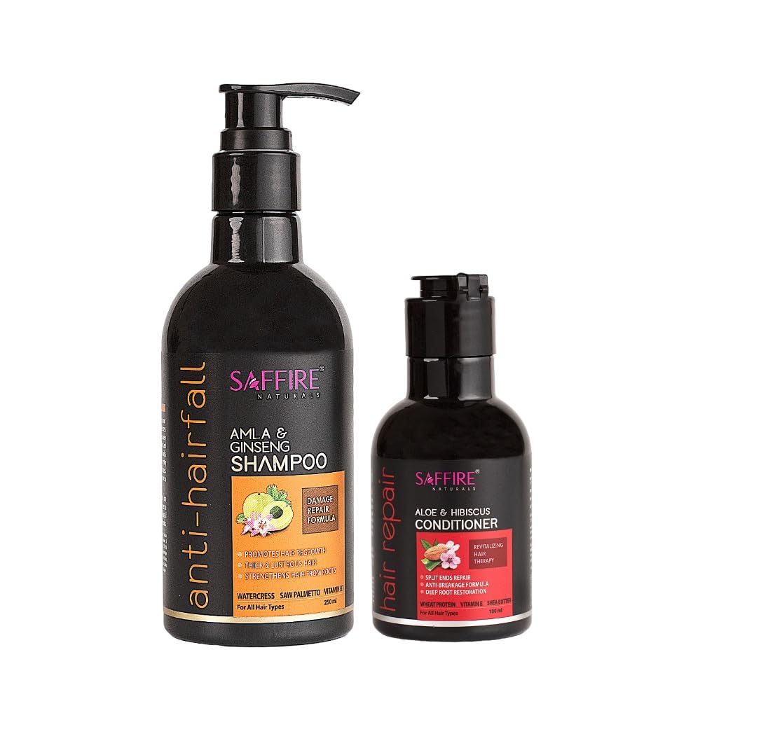 Saffire Naturals Amla Ginseng Shampoo & Aloe Vera Hibiscus Conditioner Set - 250ml Shampoo + 100ml Conditioner - Anti Hair Fall Kit for Men & Women - Pack of 2 - Perfect for Daily Hair Care & Scalp Nourishment
