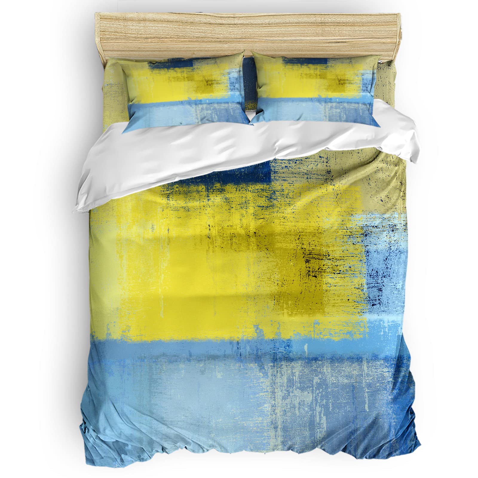 Abstract Yellow Blue Oil Painting Duvet Cover 4-Piece Set - Twin Size with Zipper Closure & Corner Ties (Includes 1 Duvet Cover, 1 Fitted Sheet, 2 Pillow Shams) - Modern Bedroom Decor for Guest Rooms & Dormitories