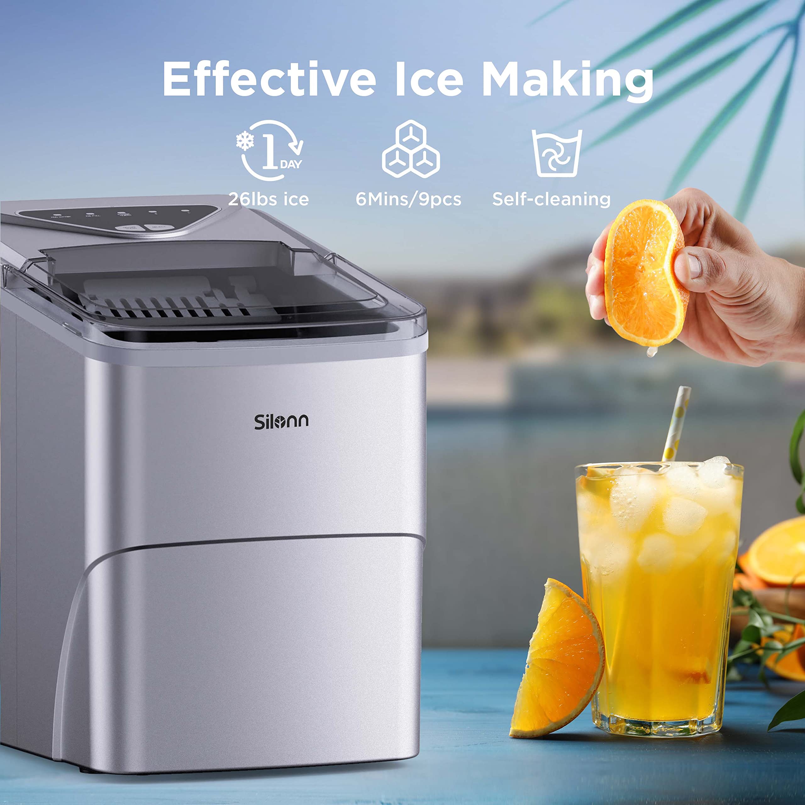 Silonn Countertop Ice Maker Machine - 9 Cubes in 6 Minutes, 26lbs Daily - Self-Cleaning with Ice Scoop & Basket - 2 Bullet Ice Sizes for Home, Kitchen, Office, Bar & Party Use - Silver (Perfect for Cocktails, Beverages & Entertaining)