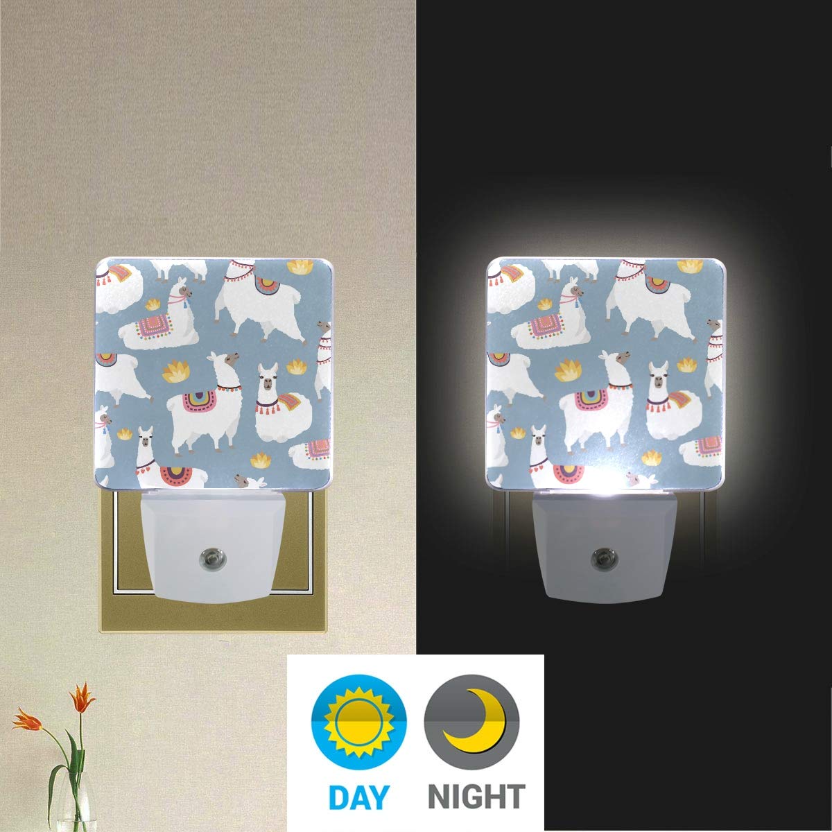 2-Pack LED Night Light with Colored Llamas Print - Dusk-to-Dawn Sensor, Energy Efficient (0.5W) for Bedroom, Bathroom, Kitchen, Hallway & Stairs - Perfect for Kids' Rooms, Nursery & Safe Night Navigation