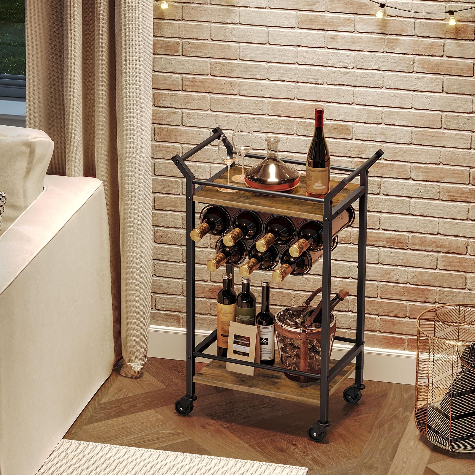 Black & Rustic Brown Bar Cart with Wine Rack - Mobile Kitchen Serving Cart for Beverages & Cocktails | Perfect for Home Parties, Living Room, Kitchen & Small Spaces | BC05BR