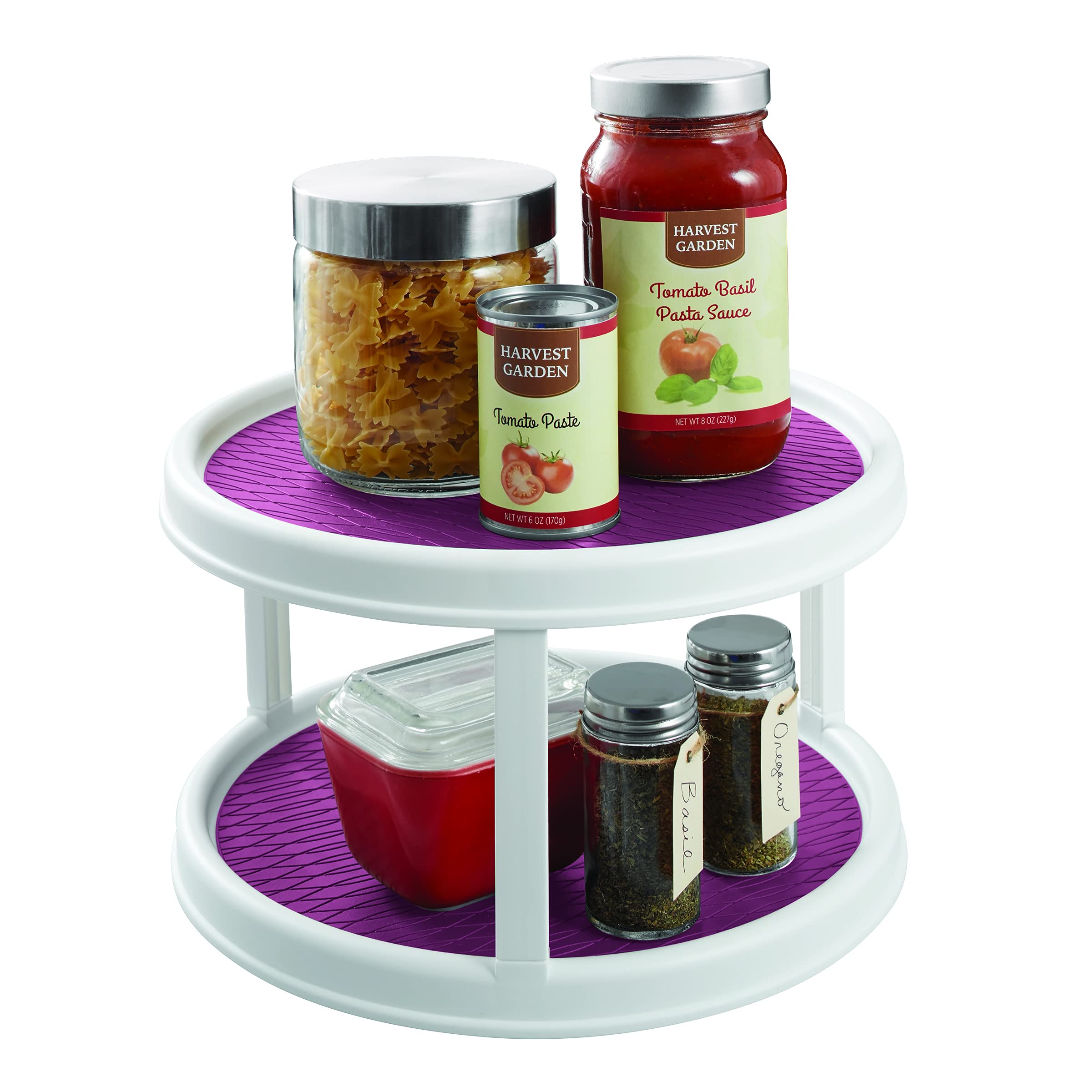 Copco 12-Inch Non-Skid 2-Tier Lazy Susan Turntable for Pantry Cabinet - White & Purple Spice Organizer | Perfect for Kitchen Storage, Spice Racks, and Cabinet Organization
