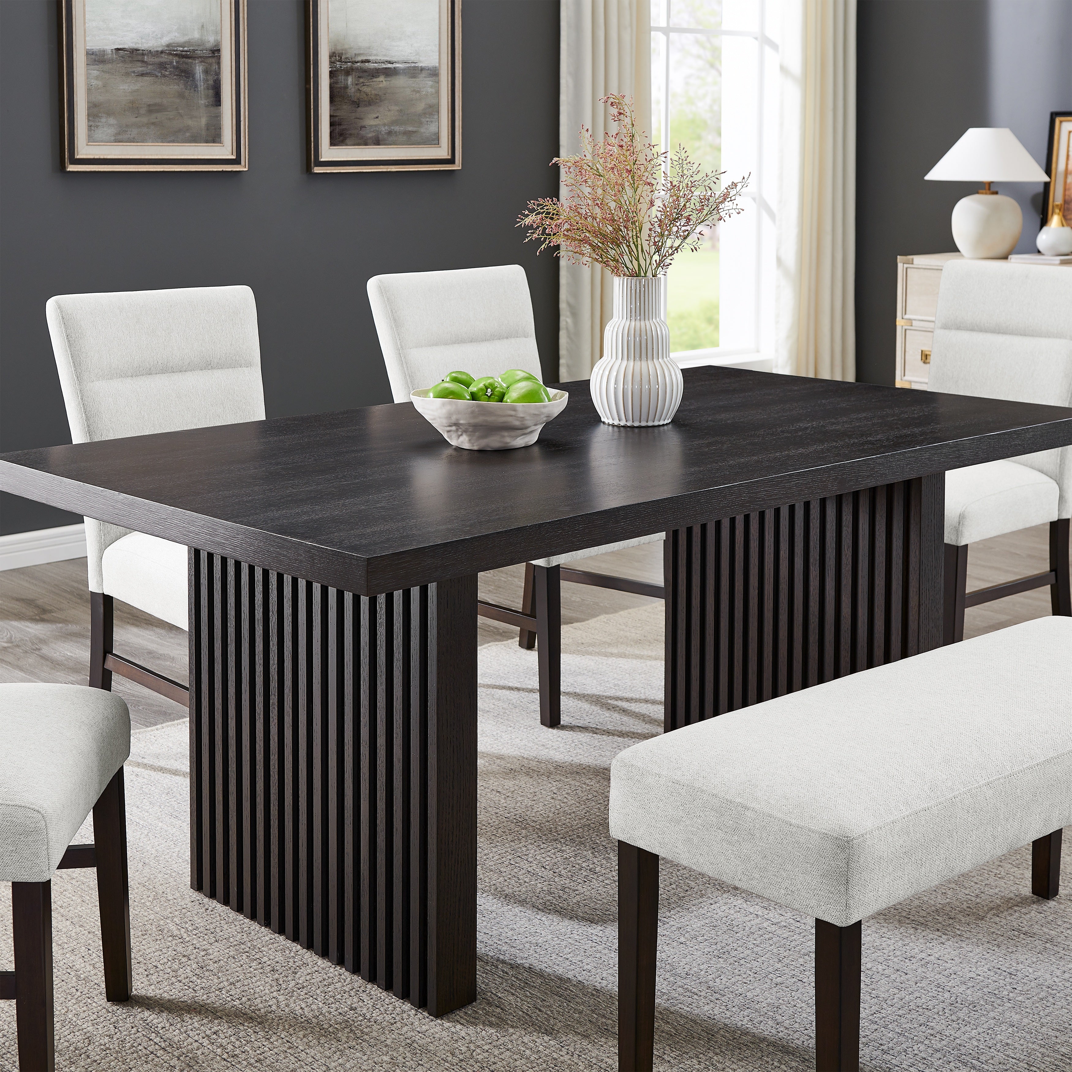 Roundhill Furniture Madison 7-Piece Dining Set - Gray Slat Fluted Dining Table with 6 Modern Upholstered Chairs for Kitchen, Dining Room & Small Space Decor