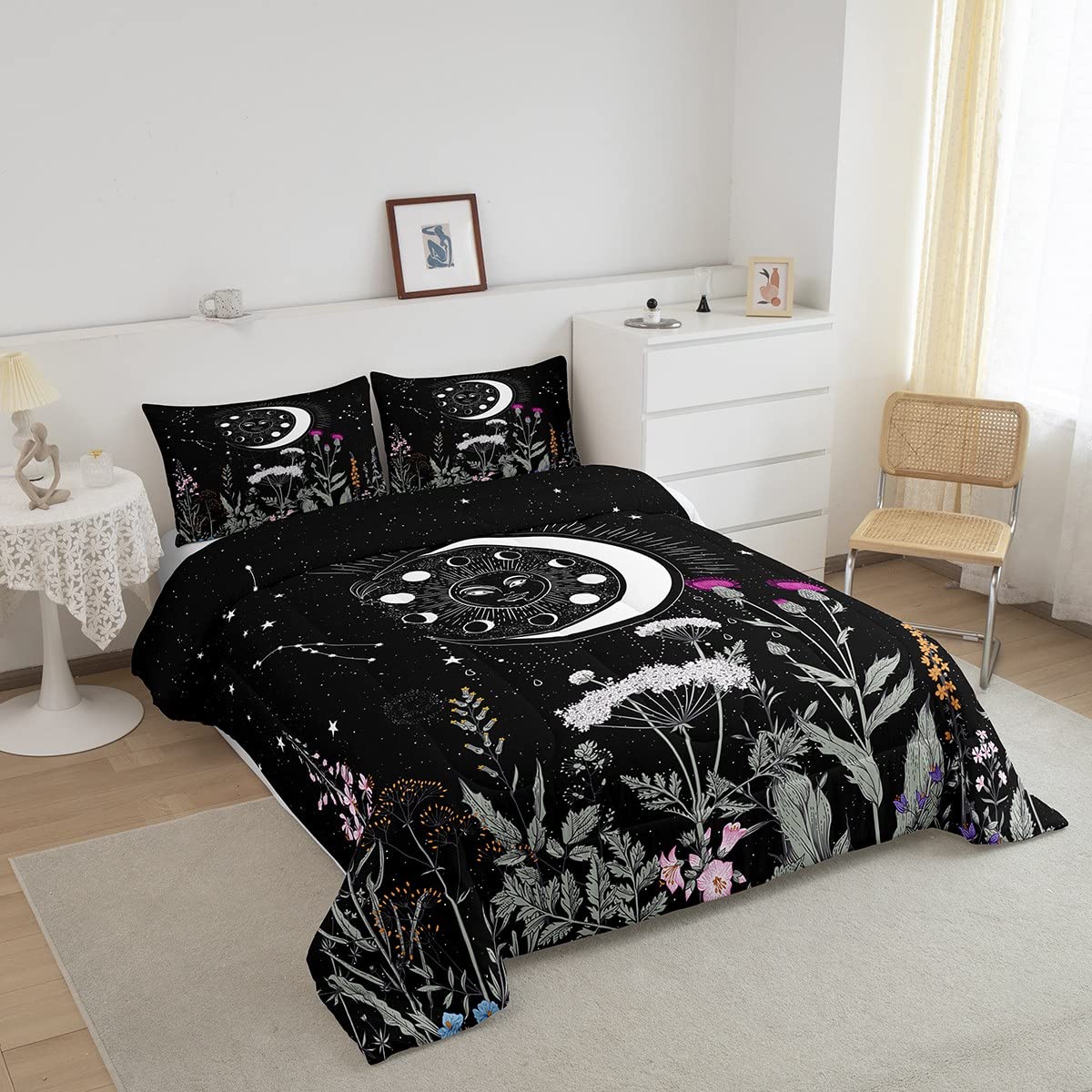 Feelyou Queen Size Sun and Moon Bedding Set - Galaxy Constellation Comforter with 2 Pillowcases, Black & White Astrology Themed Quilt for Kids, Boys & Girls | Perfect for Space-Themed Bedrooms, Teen Rooms & Celestial Decor