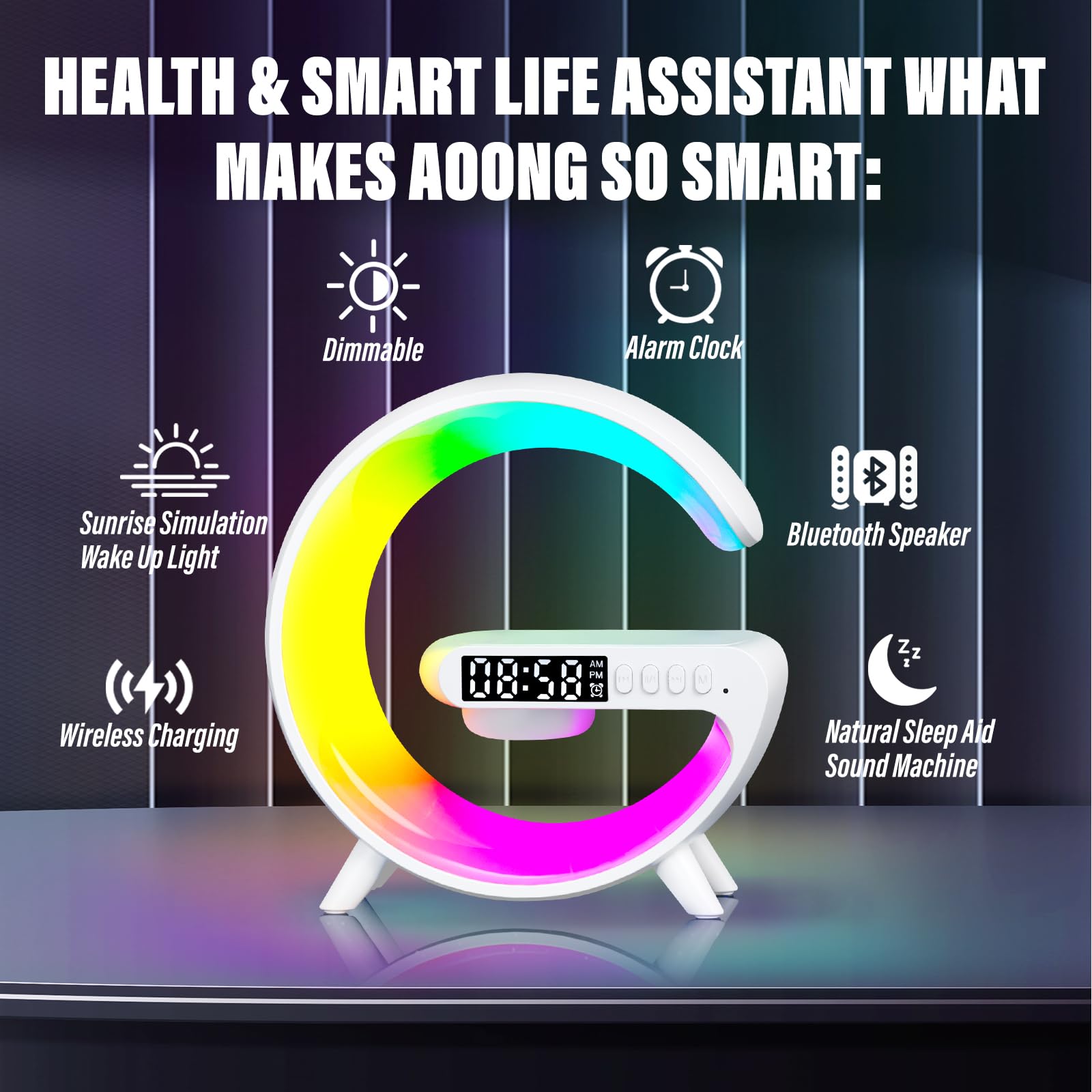 Wireless Charging LED Night Light with Bluetooth Speaker & Alarm Clock - Multifunctional Atmosphere Lamp for Bedroom, Dorm, Office Desk - Perfect Gift for Kids & Adults (Home Decor, Study Lamp, Mood Lighting)
