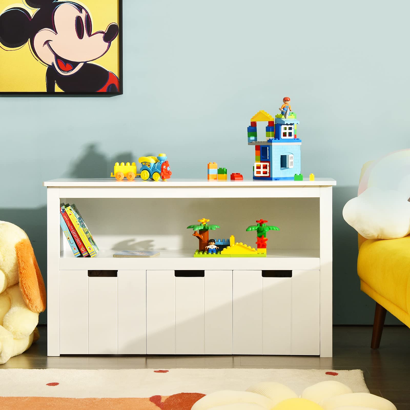 Costzon Wooden Toy Storage Organizer with 3 Removable Drawers & Wheels - Kids Bookshelf for Nursery, Playroom, Kindergarten - White | Perfect for Organizing Toys, Books & Kids' Room Decor
