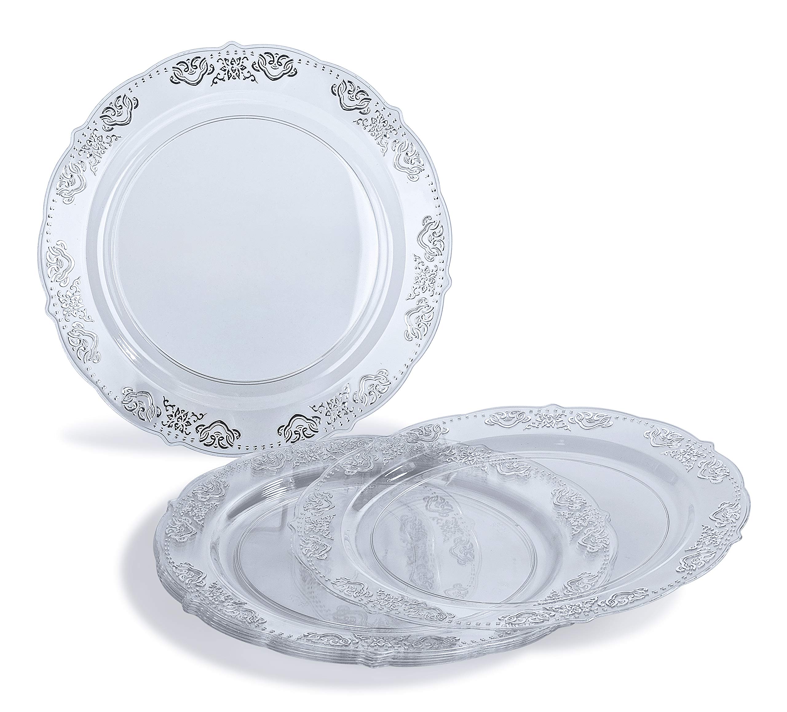 960-Piece Vintage Wedding Party Disposable Plastic Plates & Cutlery Set - 120x10.25'' Dinner Plates, 120x7.5'' Dessert Plates, Silverware, Silver Rim Cups & Napkins (Portofino Clear & Silver) - Elegant Disposable Tableware for Weddings, Bridal Showers, Anniversaries & Formal Events