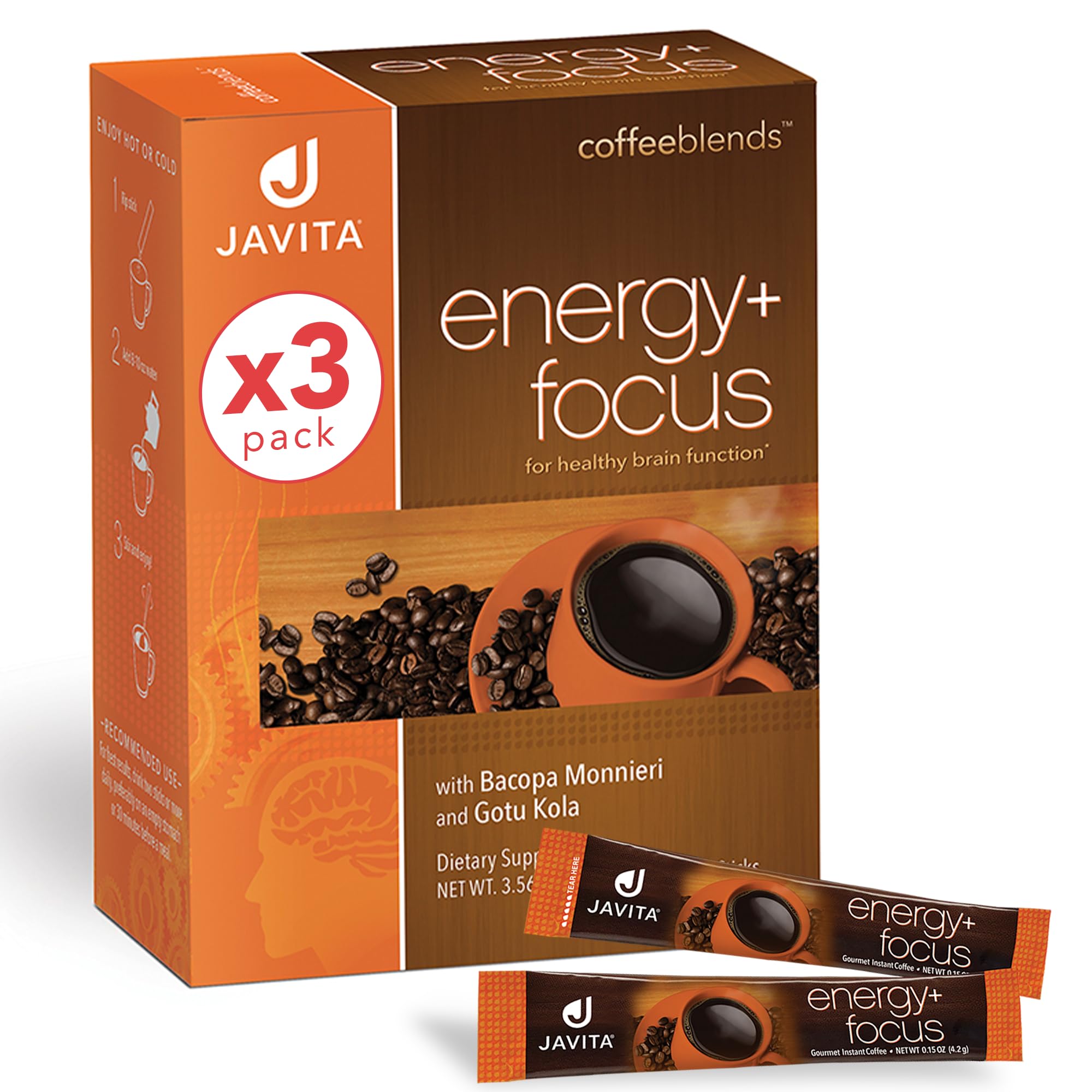 Javita Energy + Focus Instant Coffee Packets - 100% South American Arabica & Robusta Blend with Herbs for Mental Clarity, Natural Energy Boost & Enhanced Focus | Keto-Friendly, Diet-Friendly Drink | 3 Boxes of 24 (4.2g) Sticks | Perfect for Office, Study & Workout Sessions