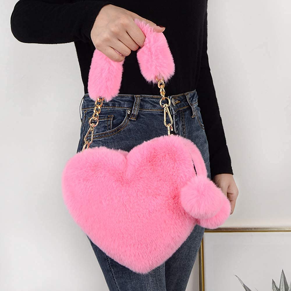 Rejolly Fluffy Faux Fur Heart Shaped Purse for Women & Girls - Soft Small Shoulder Bag Clutch Handbag for Parties, Dates & Everyday Use
