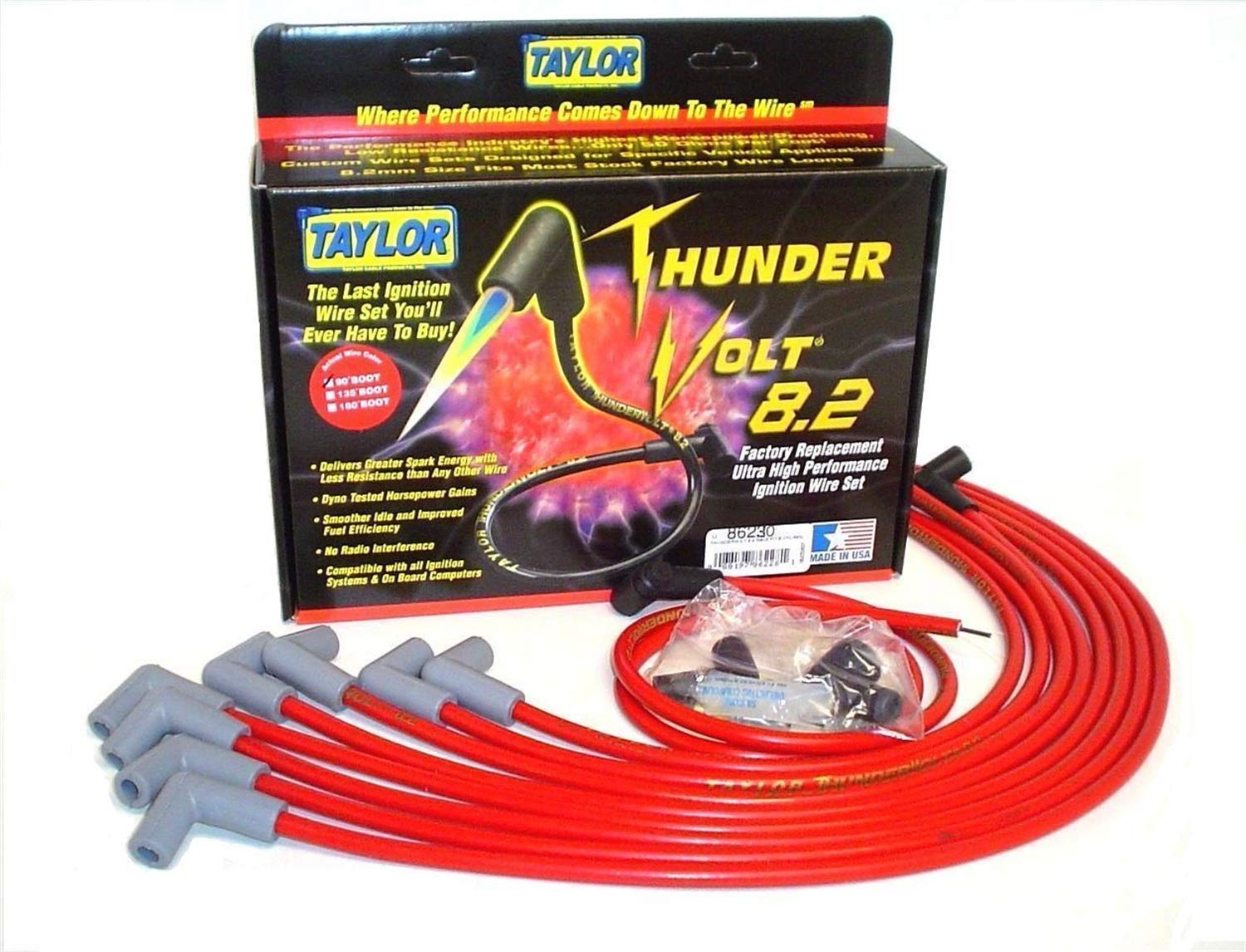 Taylor Cable 86230 Spark Plug Wire Set (8.2mm Thunder-Volt Red) - High Performance Ignition Wires for Ford, Chevy, Dodge & More - Perfect for Engine Upgrades & Automotive Repair