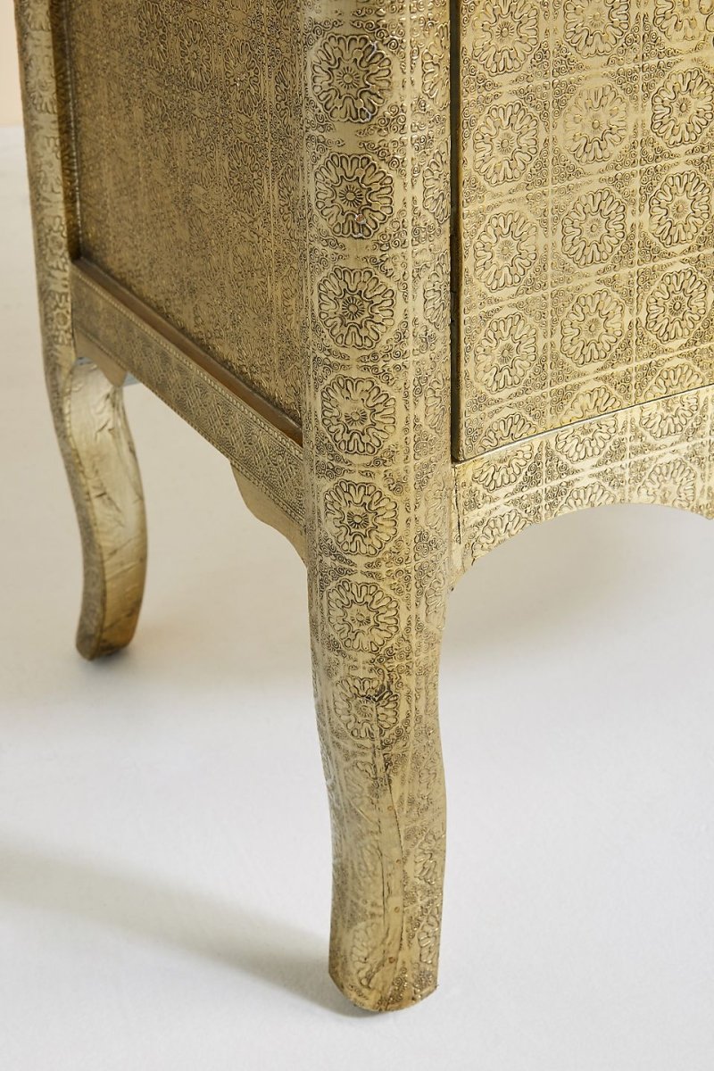 Hand Embossed Lotus Entryway Cabinet - Antique Brass Metal Console Table for Hallway, Living Room & Foyer Decor