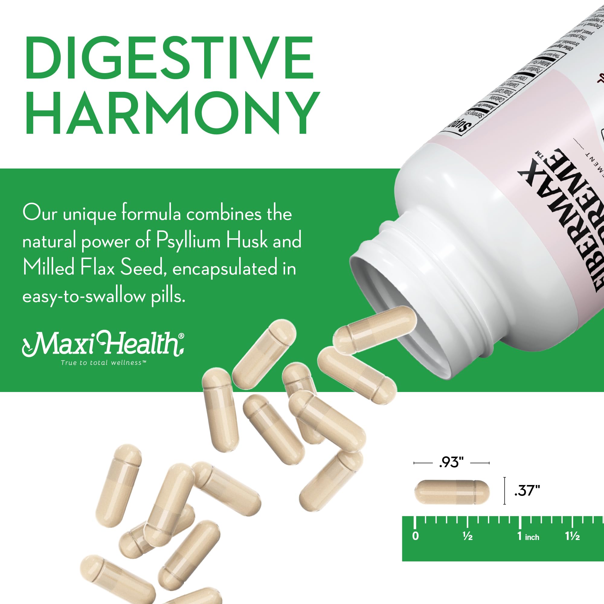 Maxi Health Maxi Fiber Kosher Daily Supplement - 1500mg Psyllium Husk Fiber Capsules for Digestive Health & Weight Management, 180 Count (Pack of 1) | Supports Regularity & Gut Health for Active Adults & Seniors